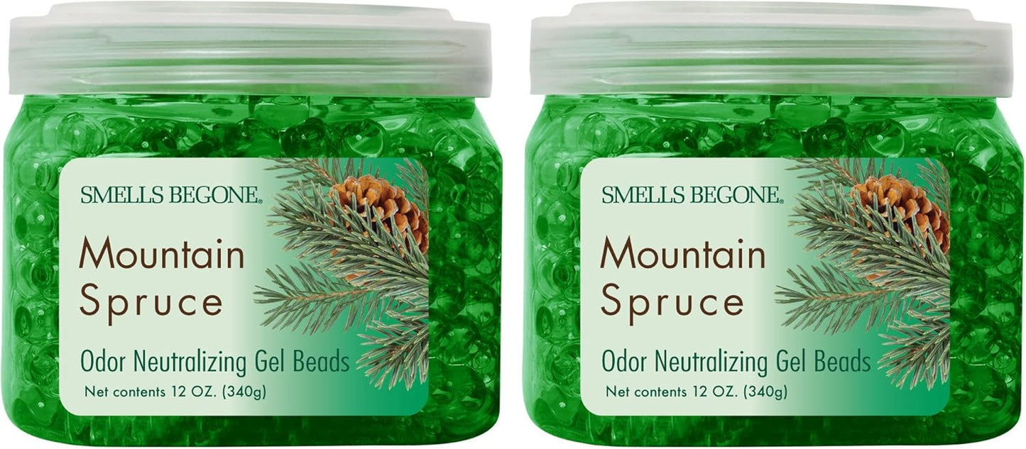 SMELLS BEGONE Odor Eliminator Gel Beads - Air Freshener - Made with Essential Oils - Eliminates Odors in Pet Areas, Bathrooms, Boats, RVs & Cars - Mountain Spruce Scent - 12 Ounce - 2 Pack