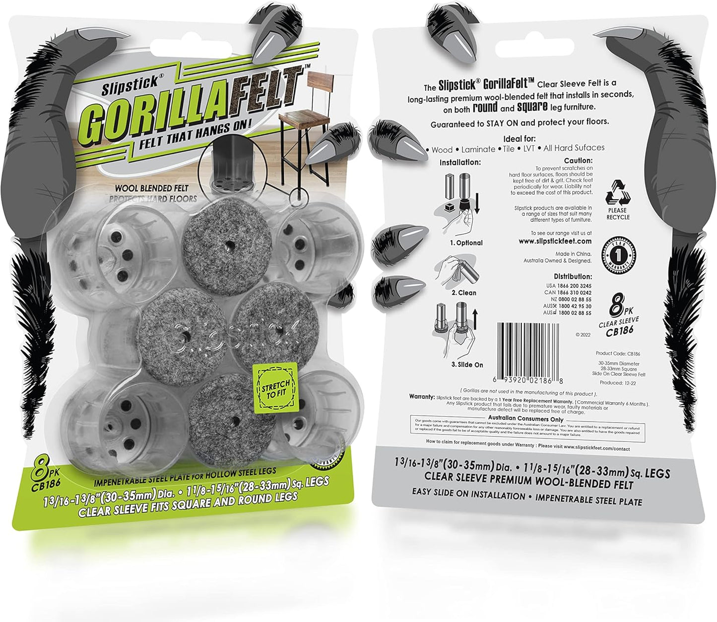 Slipstick GorillaFelt Chair Leg Floor Protectors for Hardwood Floors, Clear Sleeve Felt Pads for Furniture That Stay On, Fits Round & Square Legs, Includes 8 Premium Transparent Chair Socks, CB186