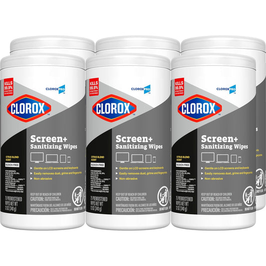 CloroxPro Clorox Screen+ Sanitizing Wipes, Bleach Free Cleaning Wipes, Citrus Blend Scent, 75 Count, Pack of 6