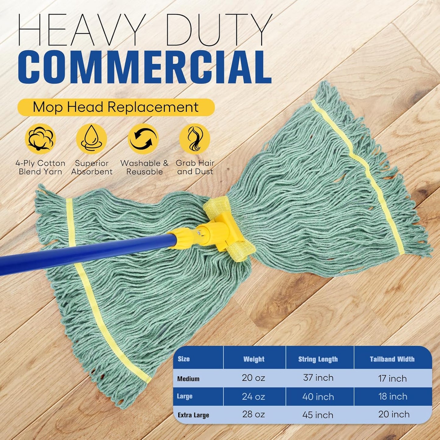 Matthew Cleaning Commercial Mop Head Replacement, 5 Inch Wide Headband, Looped End Cotton Blend String Wet Mops for Floor Cleaning, 24 oz Large, Case Pack 12 Pcs Green