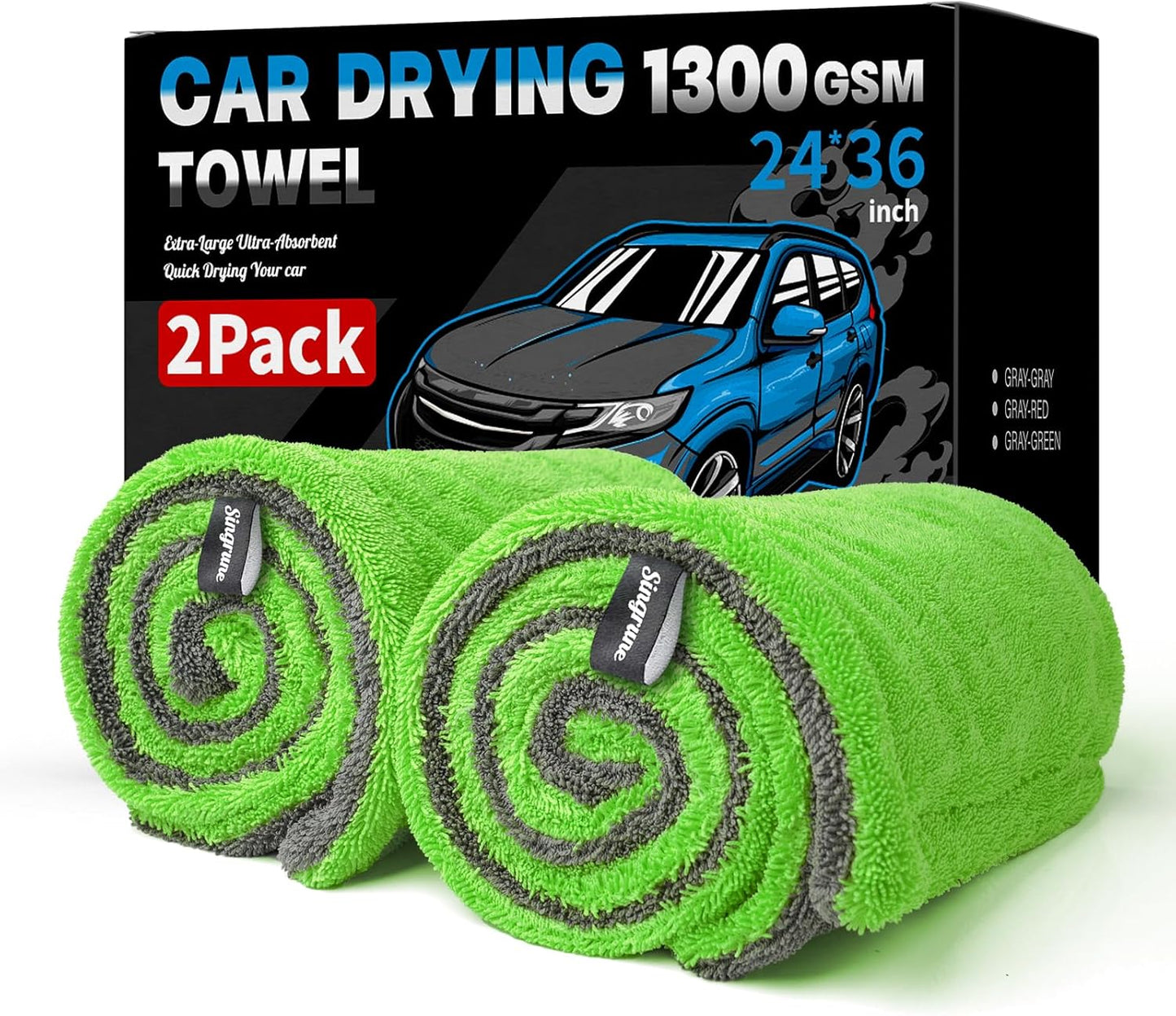 2 Pack XL Car Drying Towel – 1300GSM Ultra Absorbent Microfiber, 24"x36" Large Size, Twisted Loop, Lint-Free & Streak-Free for Auto Detailing, Car, SUV, Truck (Gray-Green)