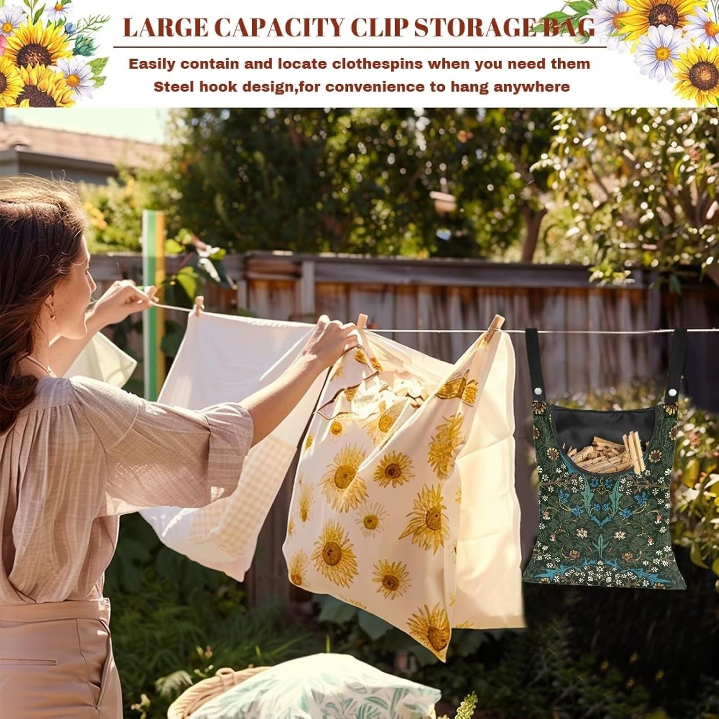 Vintage Scabious Leaf Print Reinforced Clothespin Holder Bag 14.5x12in - Large Capacity Storage with Easy Access Design - Weatherproof Hanging Organizer for Backyard Clotheslines