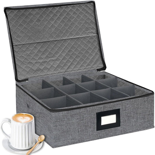 homyfort Mug Coffee Storage Box with Dividers - Stackable Glass China Storage Containers Hard Shell with Lid, Label and Handles, Holds 12 Coffee Mugs and Tea Cups (Dark Grey)