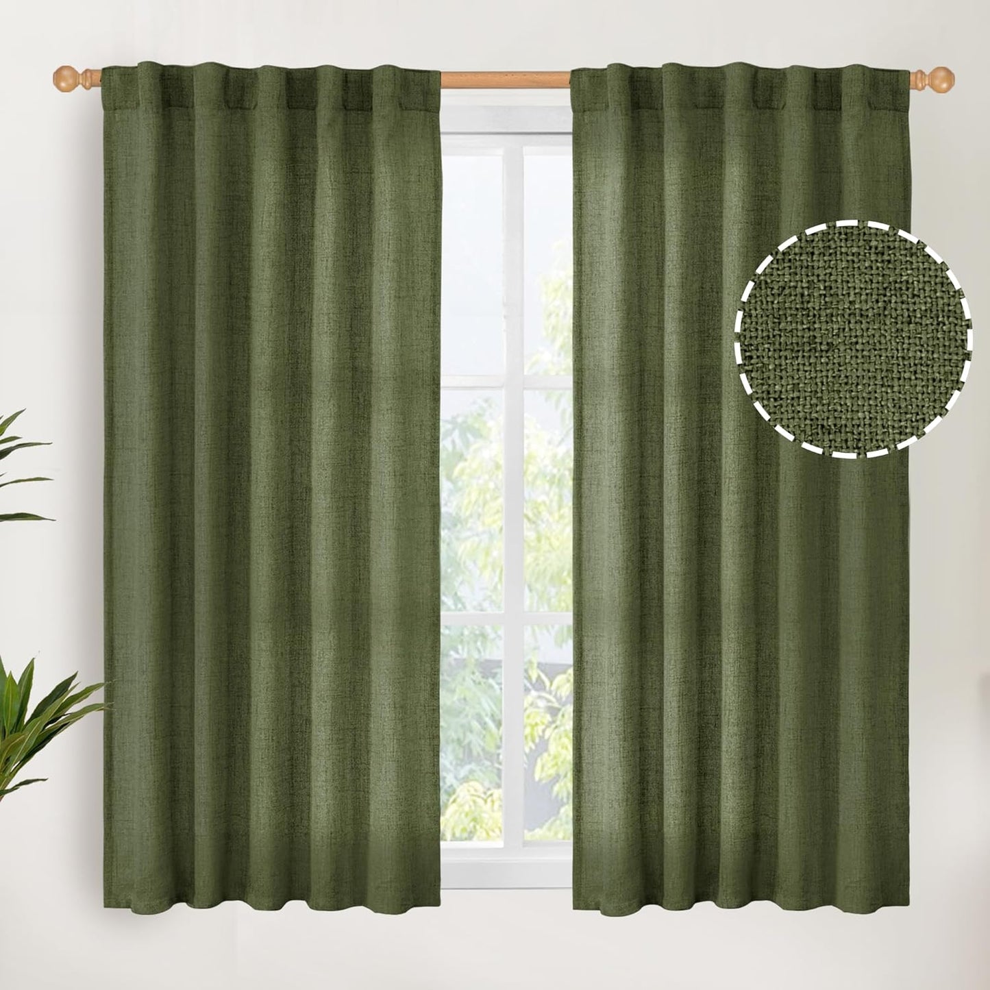 YoungsTex Olive Green Linen Curtains 45 Inch Length, Short Window Drapes Light Filtering Textured Semi Sheer with Rod Pocket Back Tab for Kitchen Living Room, 2 Panels, 42 X 45 Inch