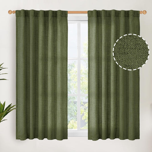 YoungsTex Olive Green Linen Curtains 45 Inch Length, Short Window Drapes Light Filtering Textured Semi Sheer with Rod Pocket Back Tab for Kitchen Living Room, 2 Panels, 42 X 45 Inch