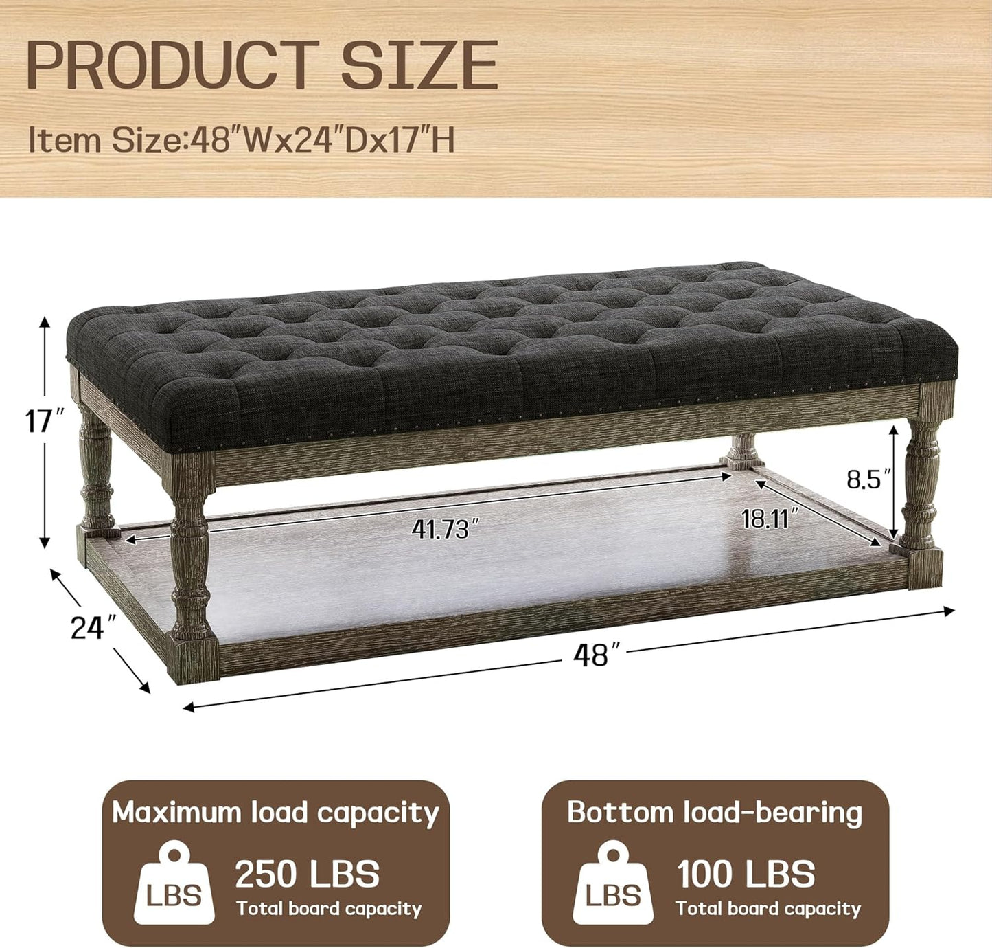 48" Large Ottoman with Storage Coffee Table, Upholstered Tufted Linen Ottoman Bench with Solid Wood Shelf for Living Room, Bedroom, Holds 250lbs (Dark Gray)