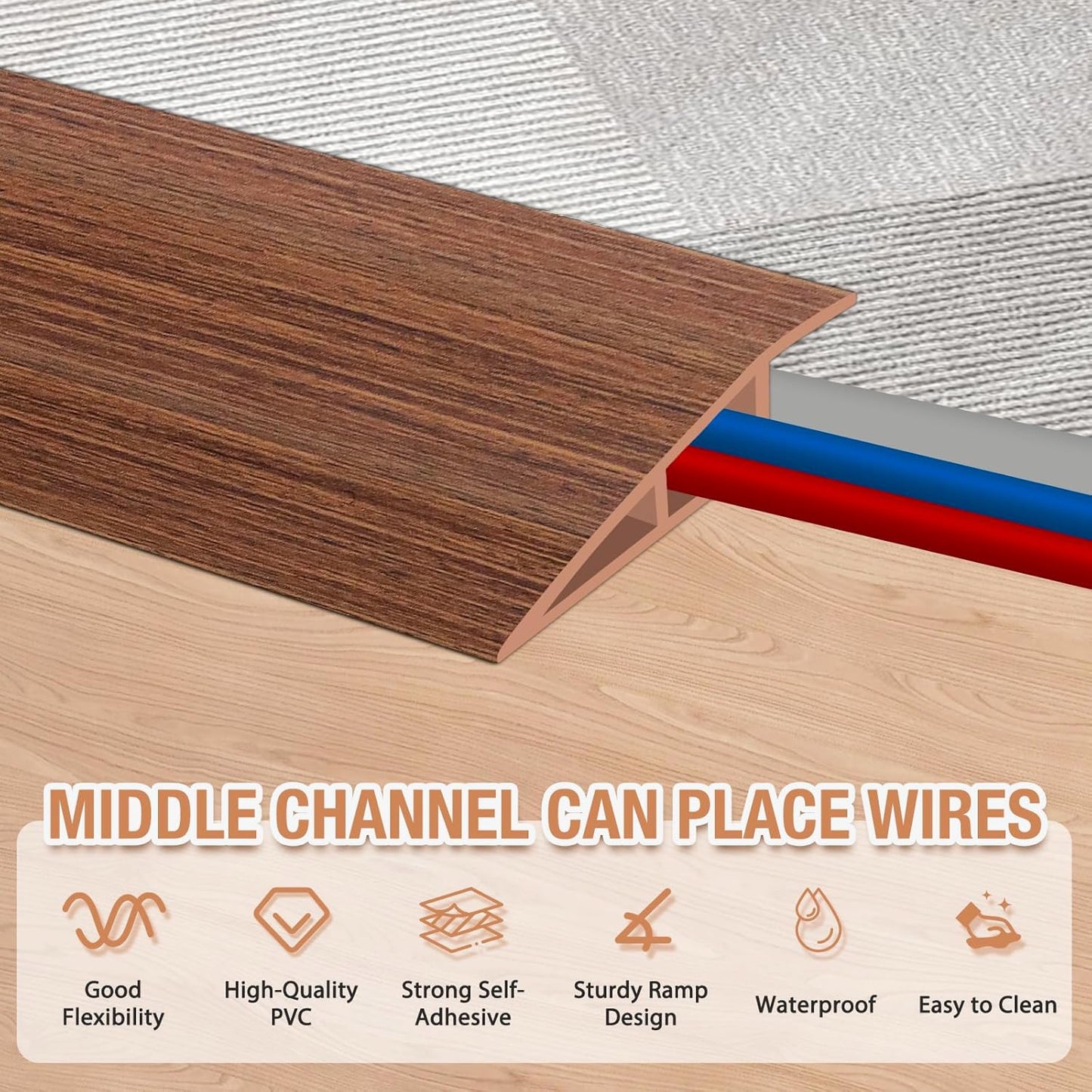 Floor Transition Strip Self Adhesive Vinyl Door Threshold for Doorways Carpet Edging Trim Overlap Edge Reducer for Laminate Floor, Carpet, Tile (Light Brown Wood Grain, 3/5" to 4/5", 3.3Ft)