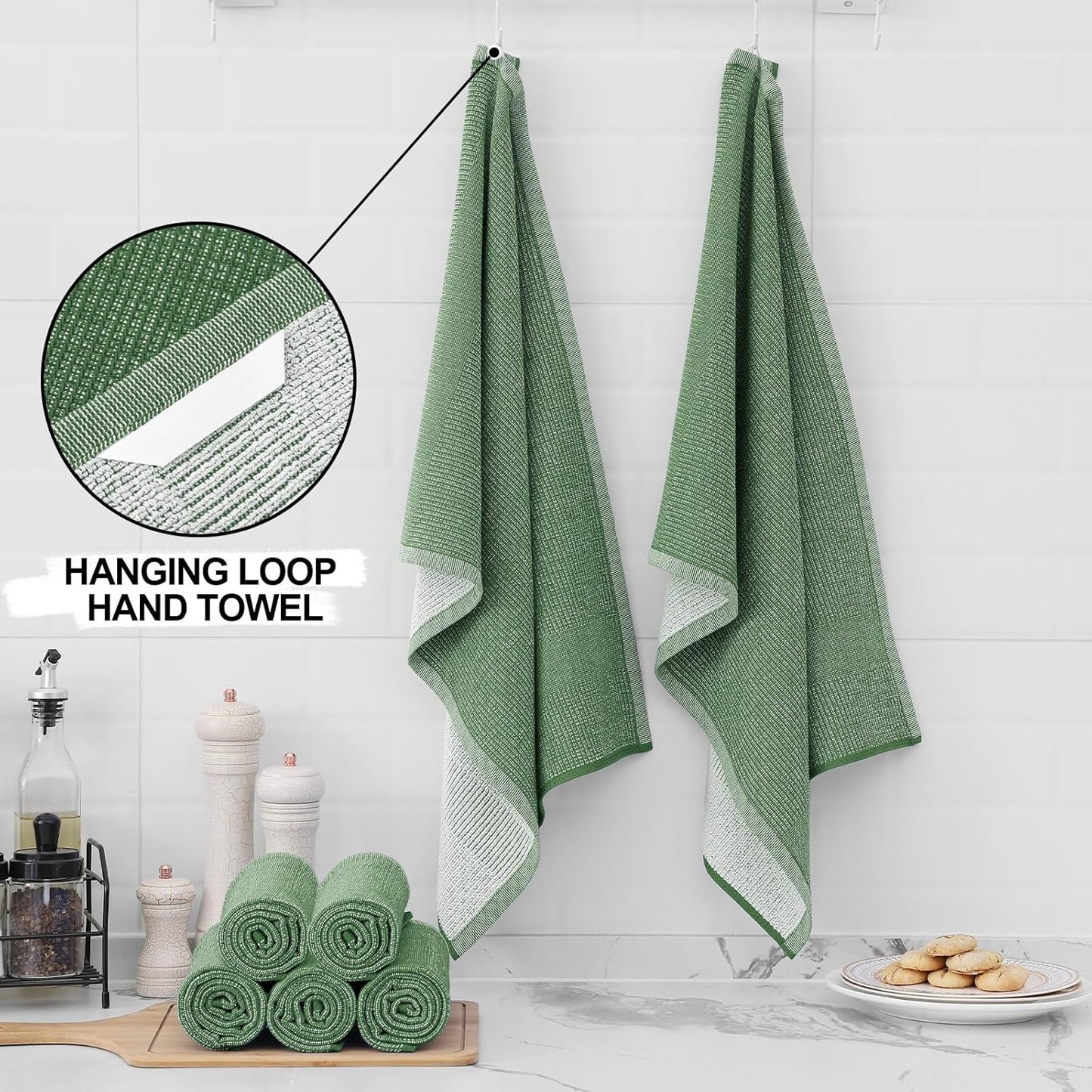 Homaxy Premium Kitchen Towels(18”x 28”, 12 Pack), Large Cotton Kitchen Hand Towels, Flat and Terry Dish Towels, 380 GSM Highly Absorbent Tea Towel Set with Hanging Loop, Grass Green