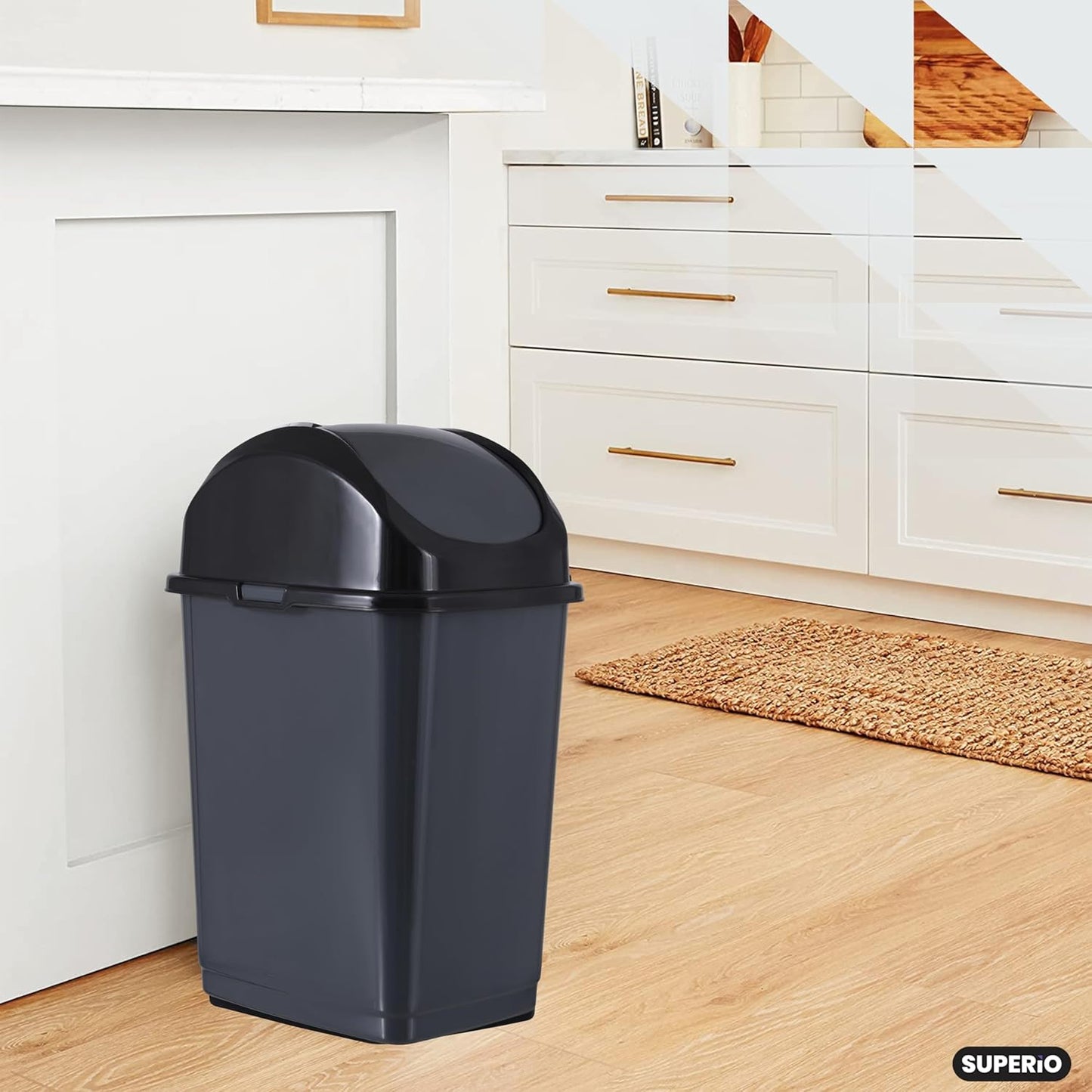 Superio Kitchen Trash Can with Swing Top Lid 9 Gallon Slim Waste Bin 37 Qt Sturdy Plastic Garbage Can Medium Recycling Bin for Office, Bathroom, Under Counter, Dorm, Bedroom (Dark Grey-2 Pack)