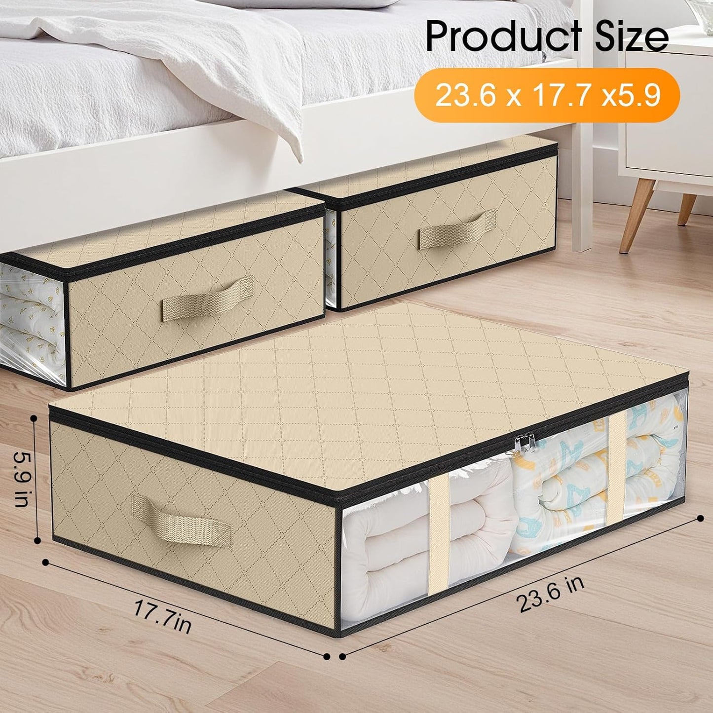 StorageRight Under Bed Storage Bins, 6-Pack 40L Foldable Fabric Storage Bags with Transparent Window, Breathable Organizer for Clothes/Blanket/Comforter/Quilts,Beige