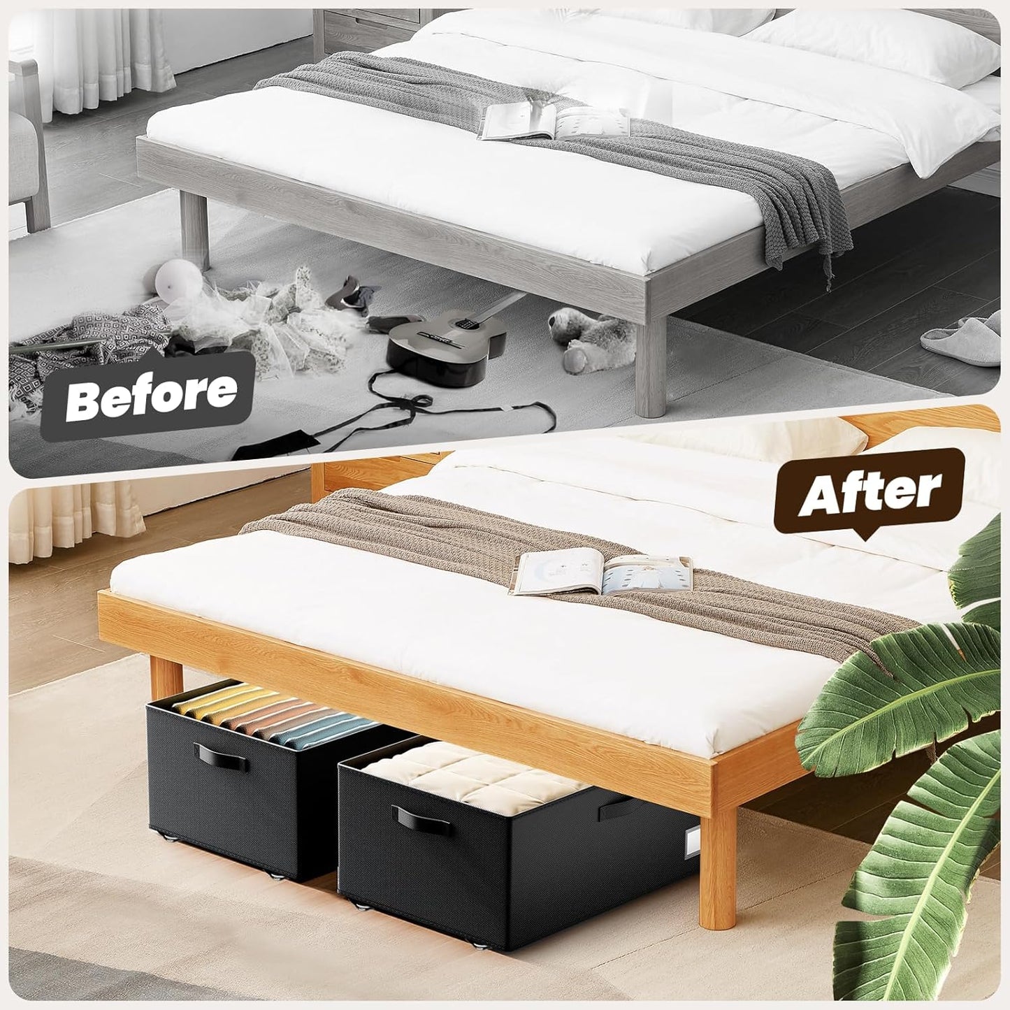 Underbed Storage with Wheels, 2 Pack Under Bed Storage Containers with Clear Lids, No Assembly Required 10.1 inch Rolling Under Bed Storage for Clothes, Blankets