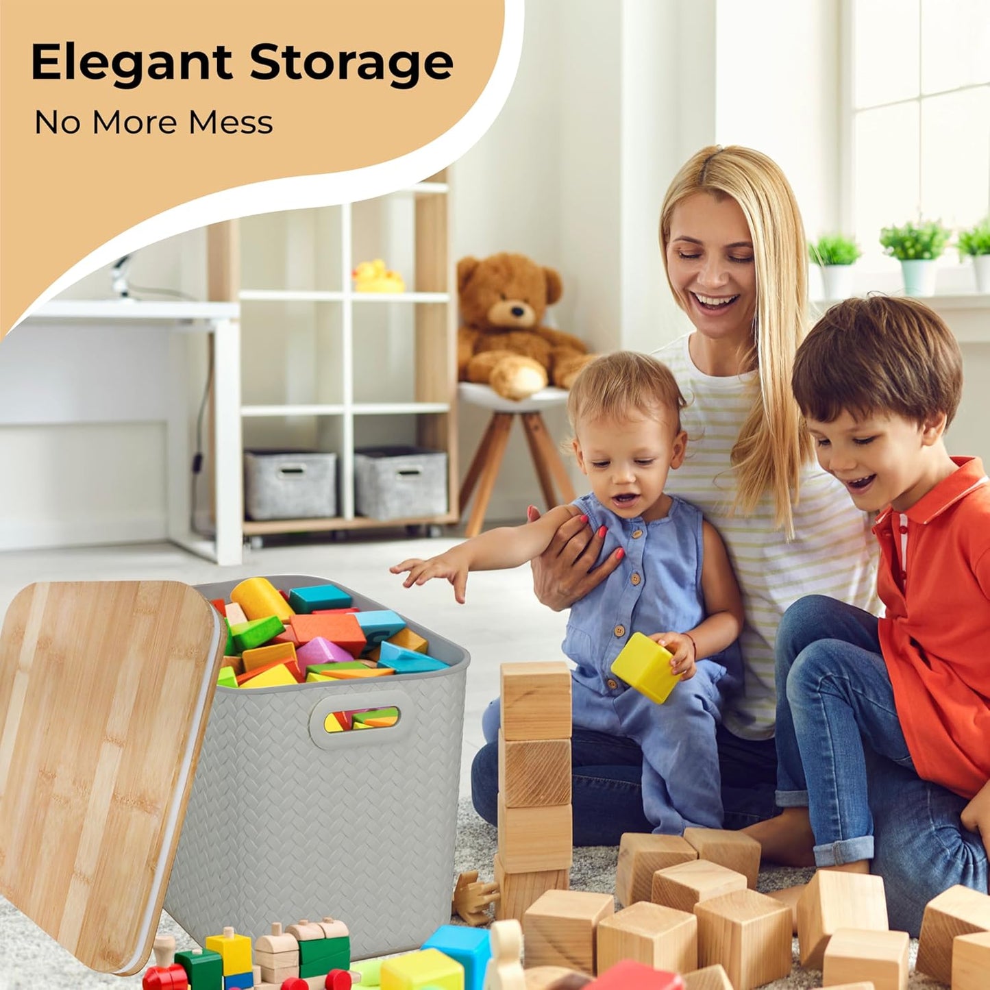 Storage Bins with Bamboo Lid – Stackable, Multi-Purpose Organizers for Pantry, Closet, Kitchen, and Home – Elegant Wicker-Style Design with Ergonomic Handles (Cream)