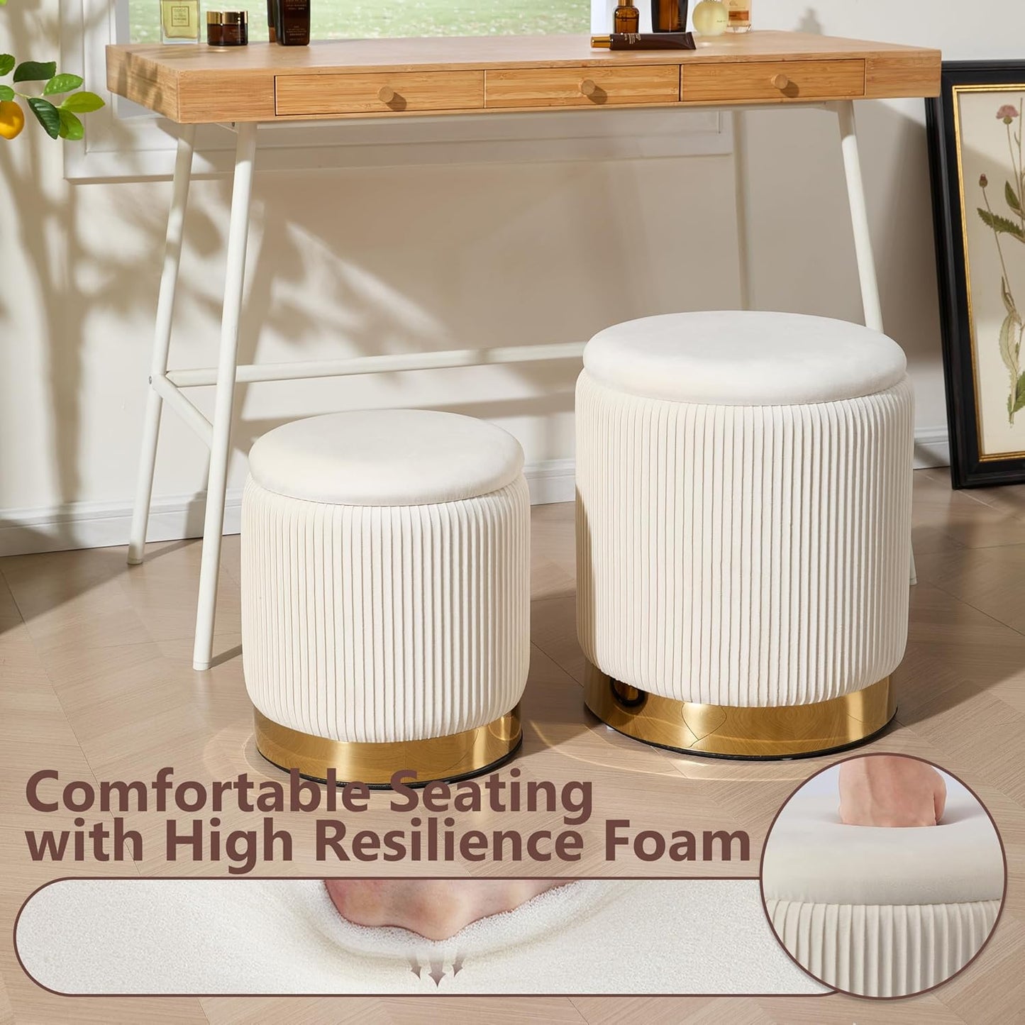 Royal Windsor Round Ottoman with Storage Set of 2, Vanity Stool with Storage for Bedroom, Ottoman Coffee Table Gold-Tone Ring Around The Base, Small Velvet Foot Stool for Living Room, Beige