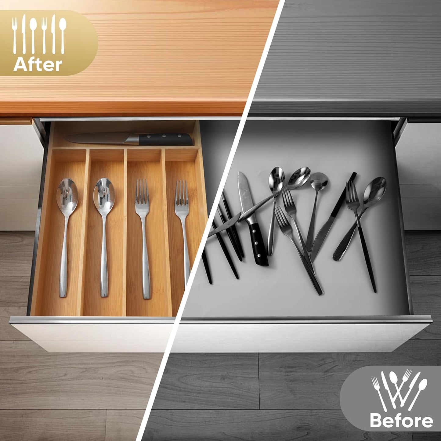 Silverware Organizer, 10 Inch Utensil Organizer Kitchen Drawer Organizer Bamboo Silverware Holder Cutlery Tray Organizer in Drawer Flatware Organizer Tray(5 slots, Natural）