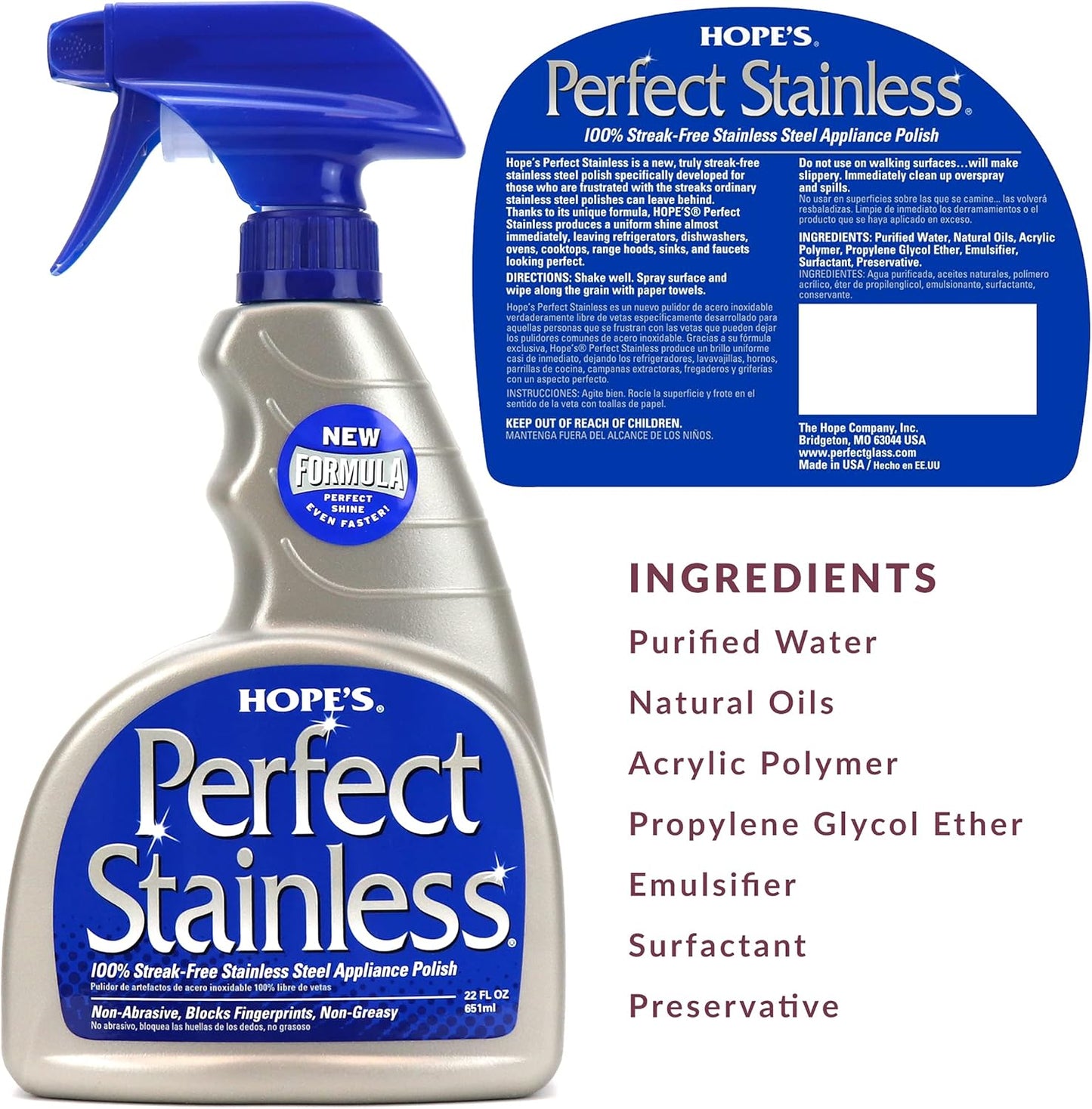 HOPE'S Perfect Stainless Steel Cleaner and Polish, 22-Ounce, Streak-Free Self-Polishing Formula, Blocks Fingerprints, Pack of 12