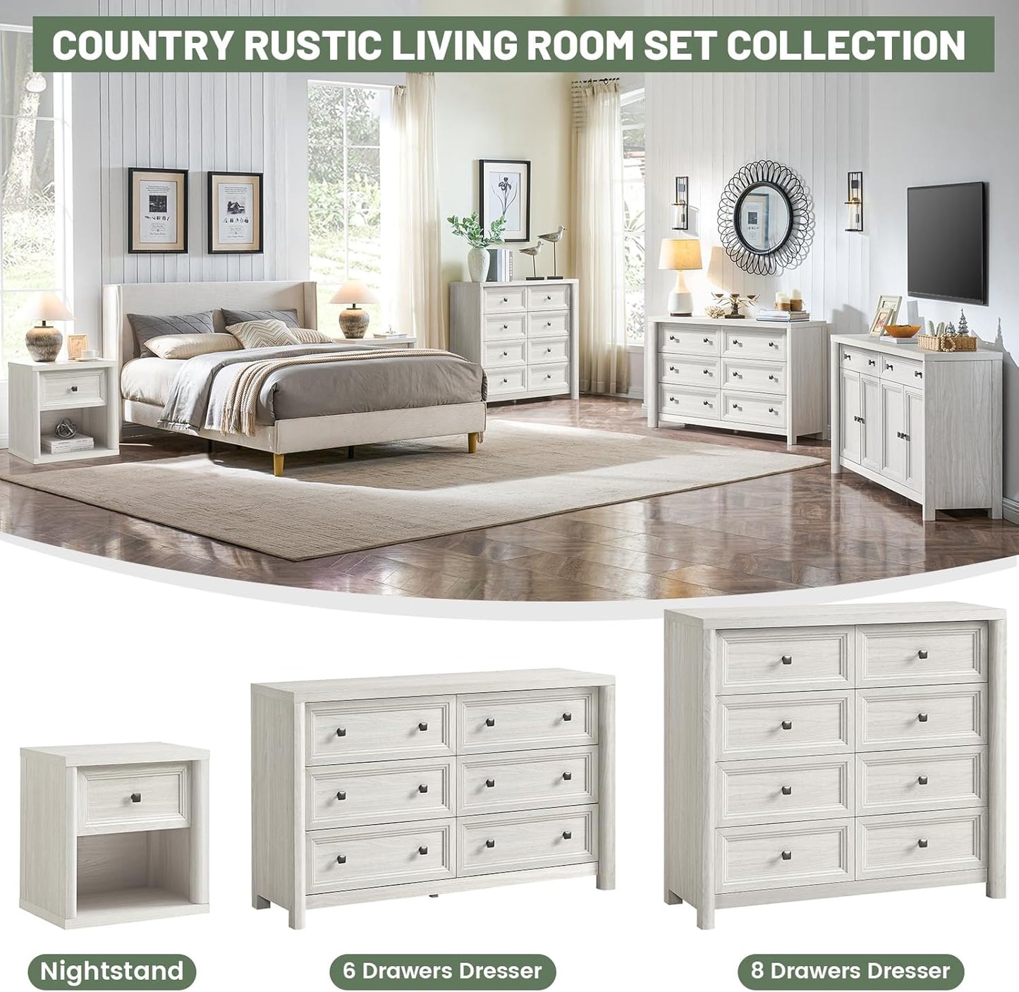 Farmhouse 6 Drawers Dresser for Bedroom, White Dressers, 52" Wide Rustic Wood Chest of Drawers with Natural Texture, Metal Handle, Storage Closet Dressers for Bedroom, Living Room