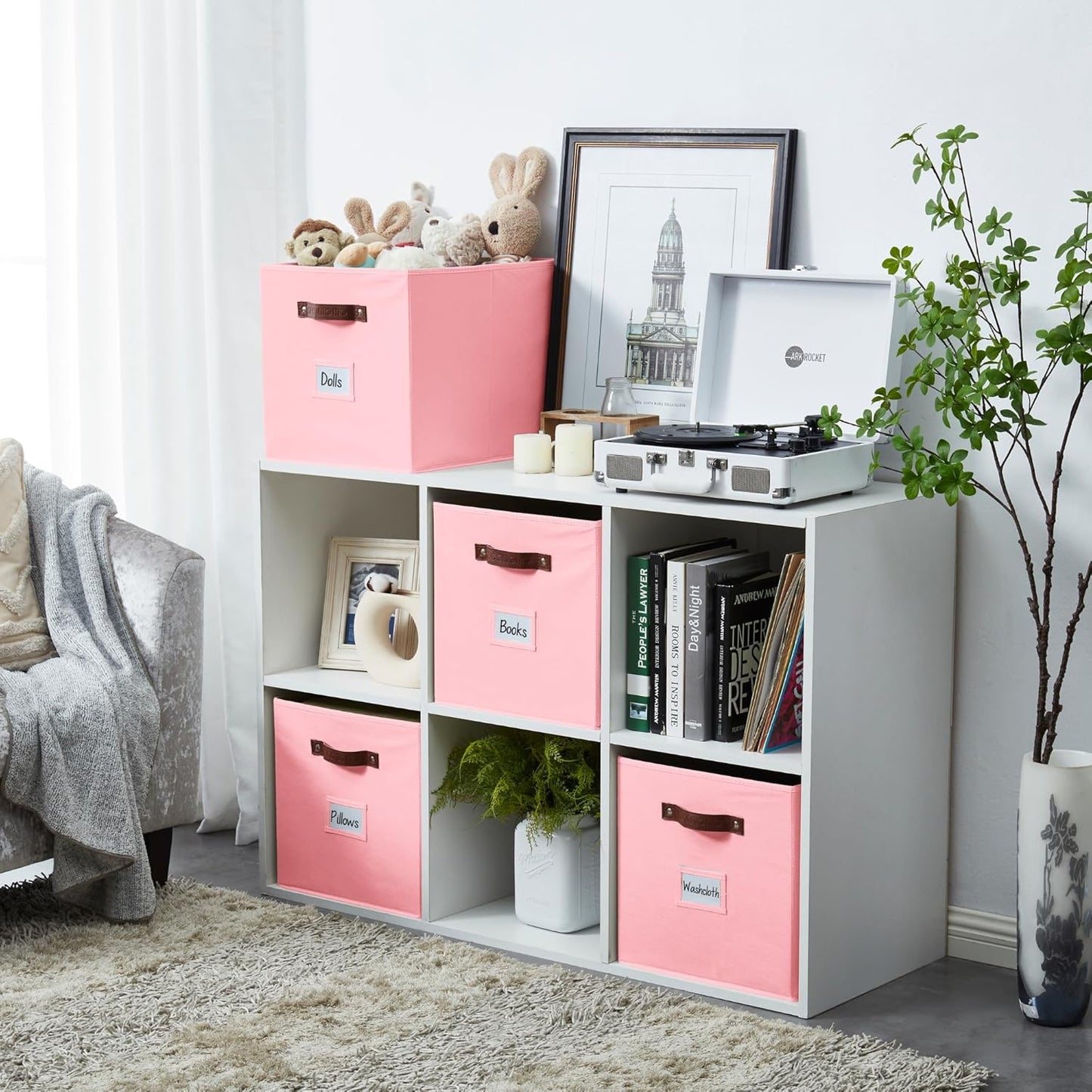 DECOMOMO Storage Baskets, 13x15x13 Storage Cube Bins with Labels for Organizing Shelves Kallax (Kallax / 4pcs, Pink)