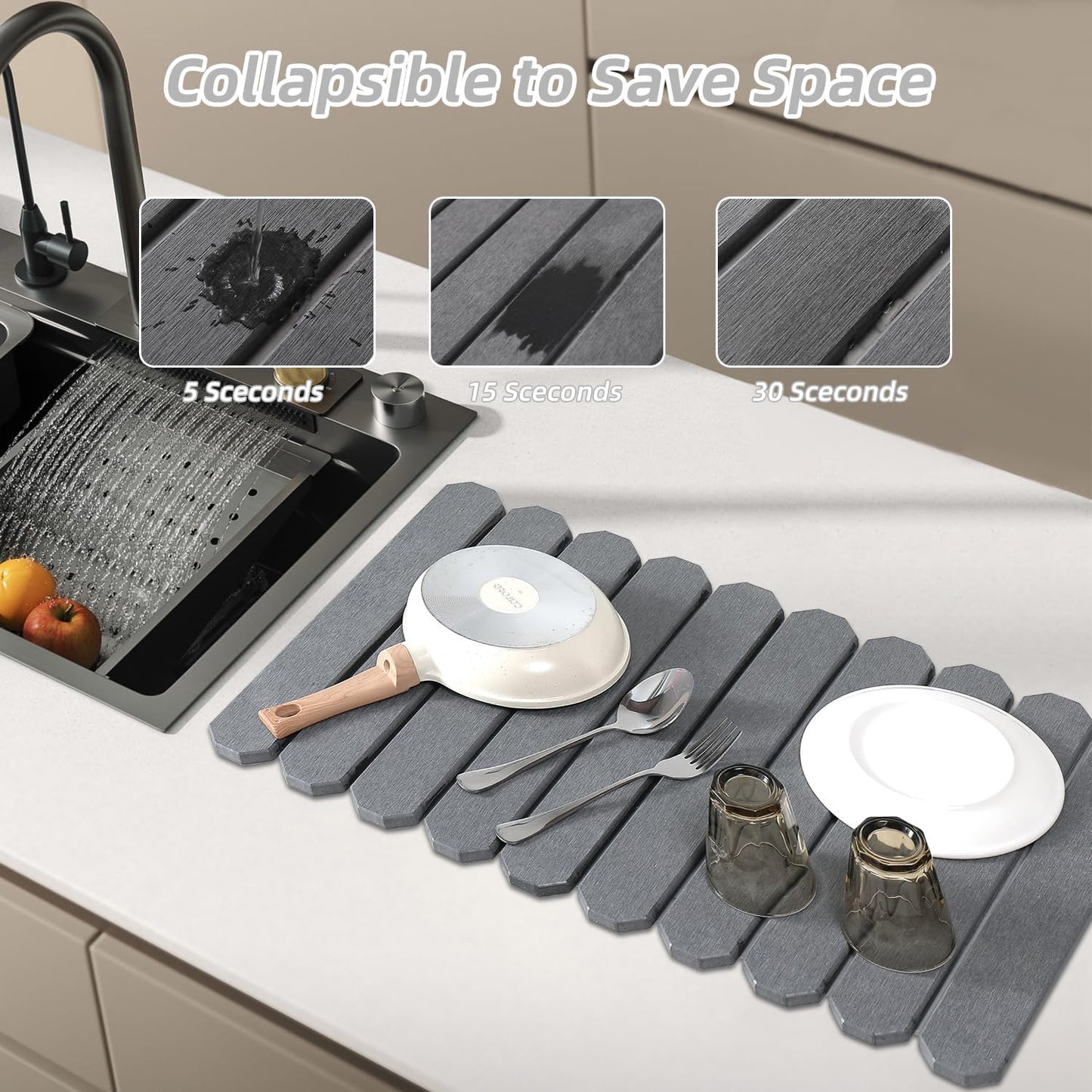 Large Stone Drying Mat for Kitchen Counter - 24"x16" Quick Dry Dish Drying Mat for Cups Dishes Bottles - Absorbent Non-Slip Diatomaceous Earth Mats (Dark Grey)