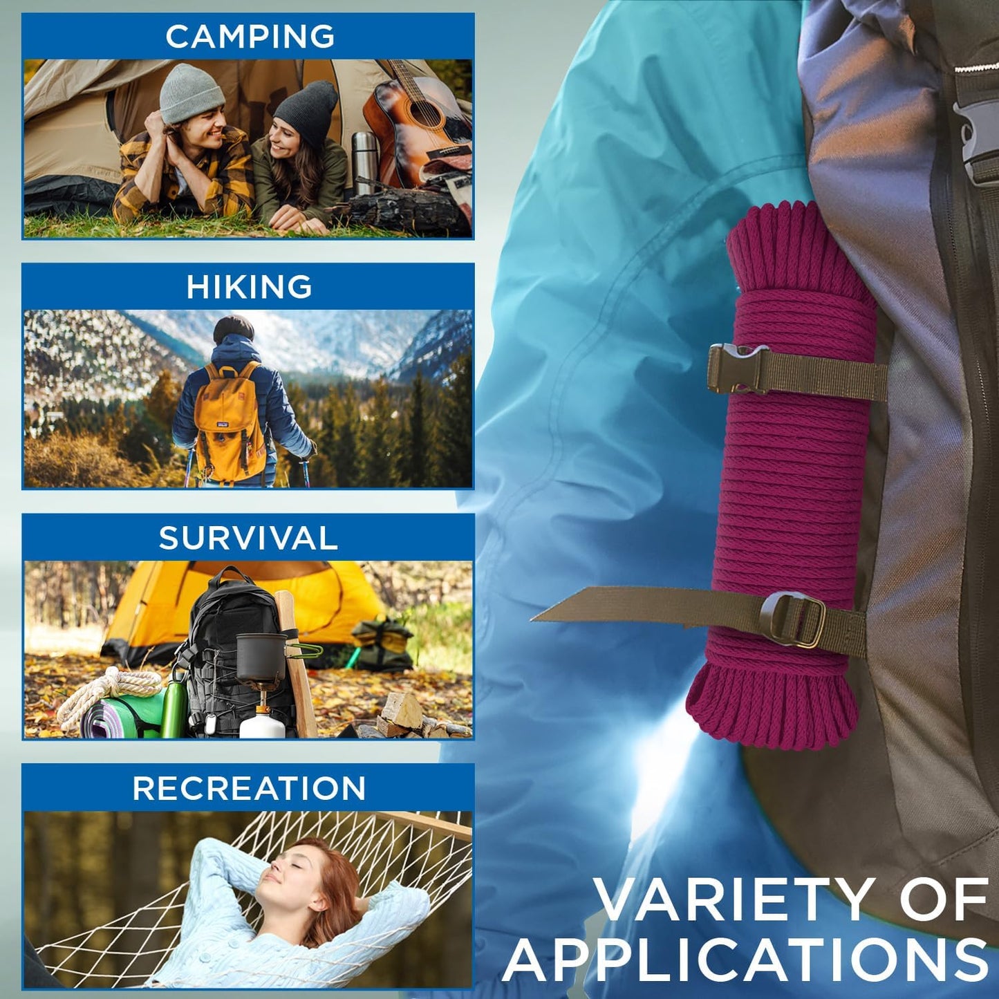 TECEUM Cotton Rope 3/16” (5 mm) – 50 FT – Strong All-Purpose Braided Rope – Natural Cotton – for Crafting, Сamping, Clothes Line, DIY, Indoor & Outdoor Use – Deep Pink