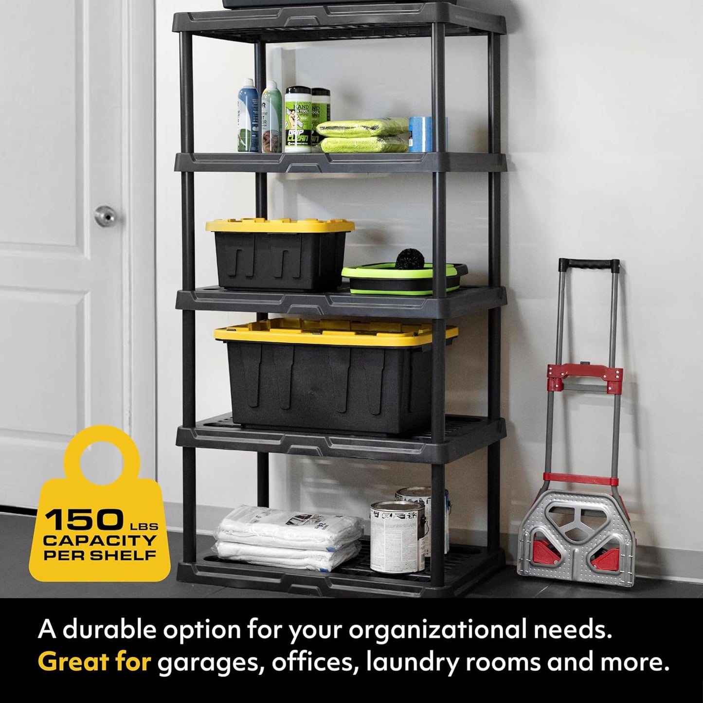 CX 5-Tier (72”H x 36”W x 18”D) Plastic Storage Shelving Unit (Black), Heavy Duty, 150lbs Per Shelf Capacity, Indoor/Outdoor Storage and Organization in Home, Garage, Office with Easy Assembly