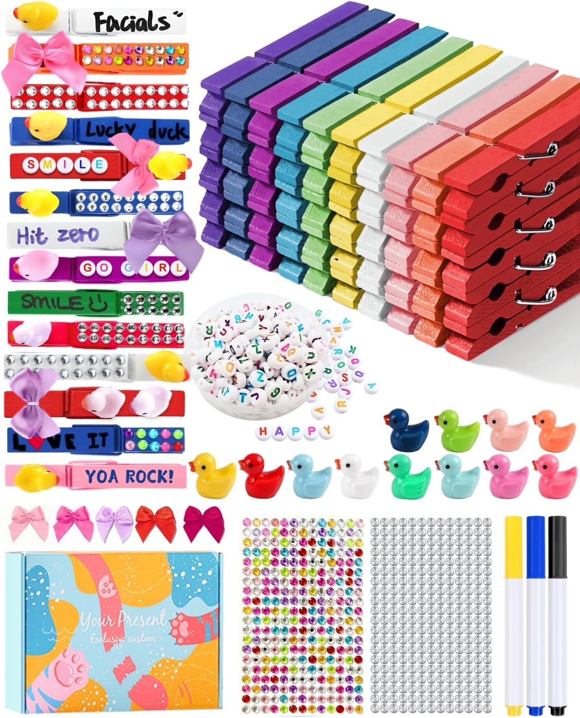 SF SOONEAT Cheer Pins for Backpack Cheer Stuff Kit 70 Colored Clothes Pins with Mini Resin Ducks Bows Letter Beads Team Cheerleaders Gifts Bulk Pin Me Ribbon for Bag Decorations Colorful Spirit Clips