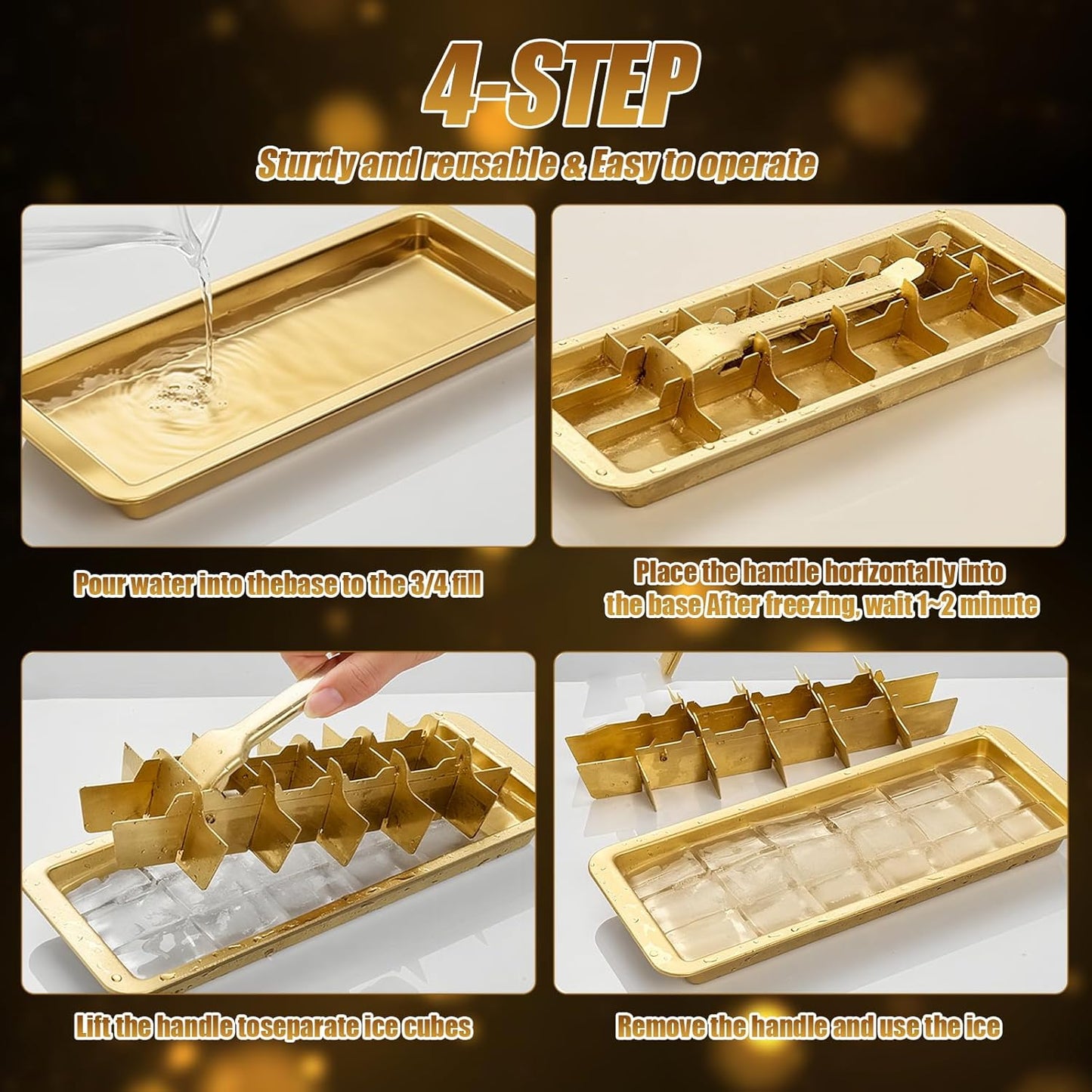 Professional Ice Cube Tray Gold-color, 18-Slot Stainless Steel, Heavy Duty Metal Freezer Mold with Lever Release, Bar & Kitchen Use, Send Goods from Local Warehouse