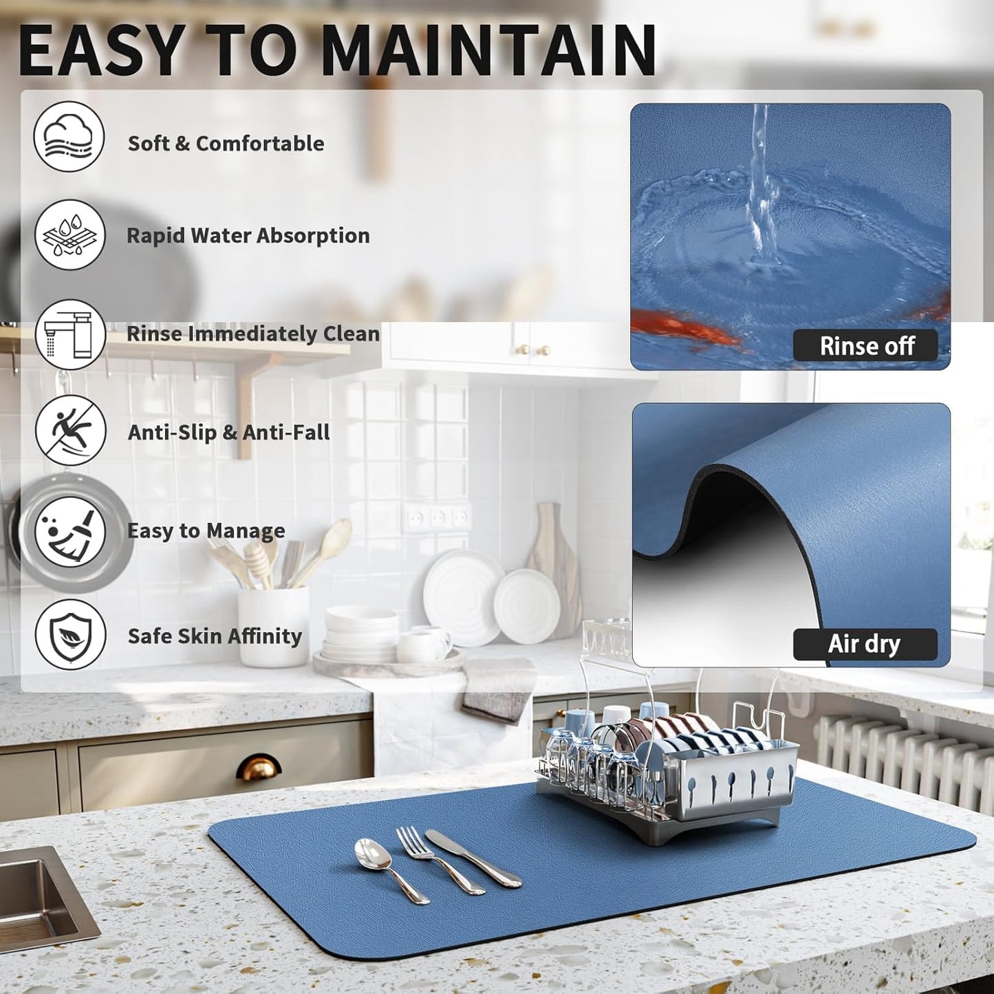 Dish Drying Mat for Kitchen Counter, Heat Resistant Drainer Mats with Non-slip Rubber Backed, Hide Stain Kitchen Super Absorbent Draining Mat, Easy to Clean Dish Rack Pad, Blue 18"x32"