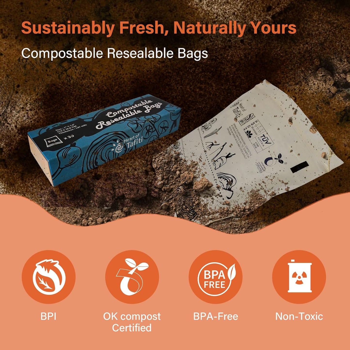 Compostable Food Storage Bags, Resealable Quart Bags, 30 Count, 7 x 7.4 inches, Extra Thick and Reusable, Eco-Friendly, Certified US BPI ASTM D6400 Europe OK Compost