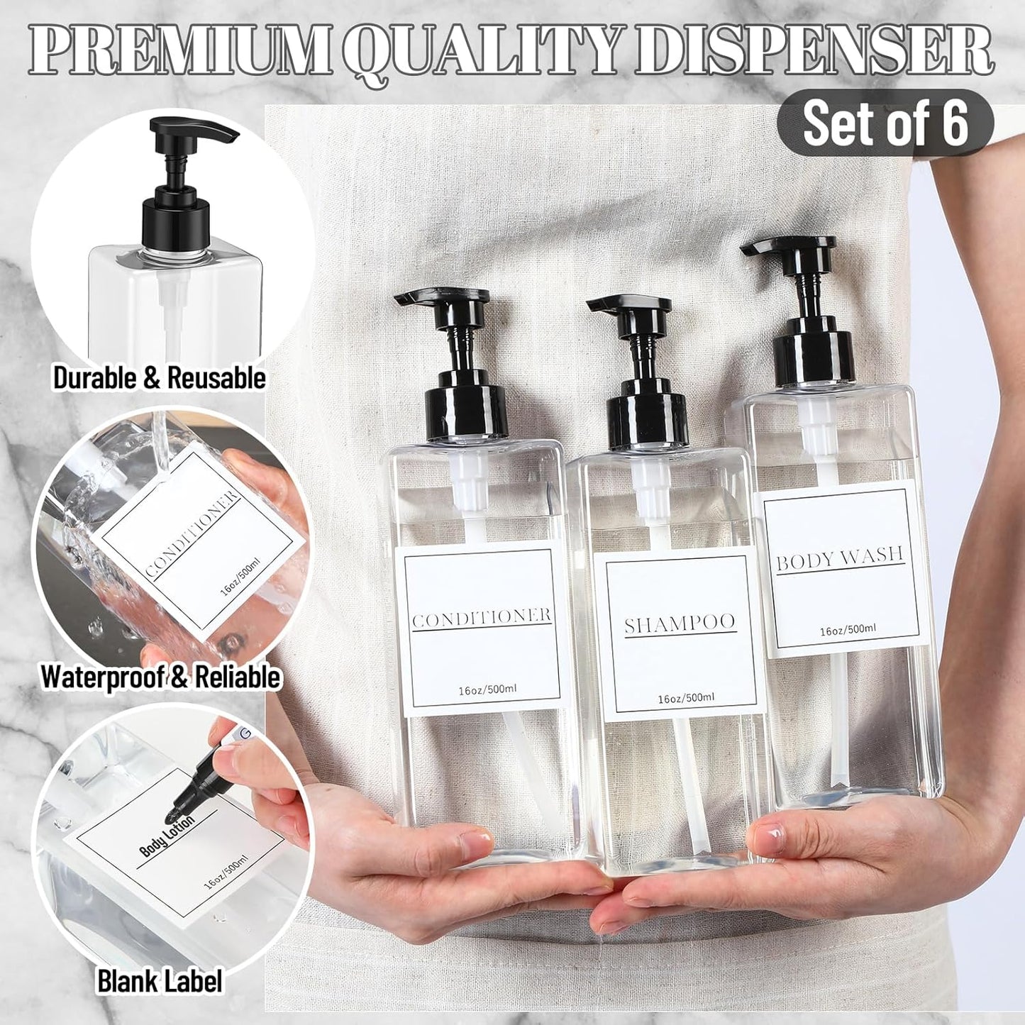 Tanlade 6 Pcs Shampoo and Conditioner Dispenser Bottles 16oz Modern Shower Soap Bottles with Pump, Labels and Marker Pen Easy to Refill Body Wash Dispensers for Home Bathroom Decoration(Clear)