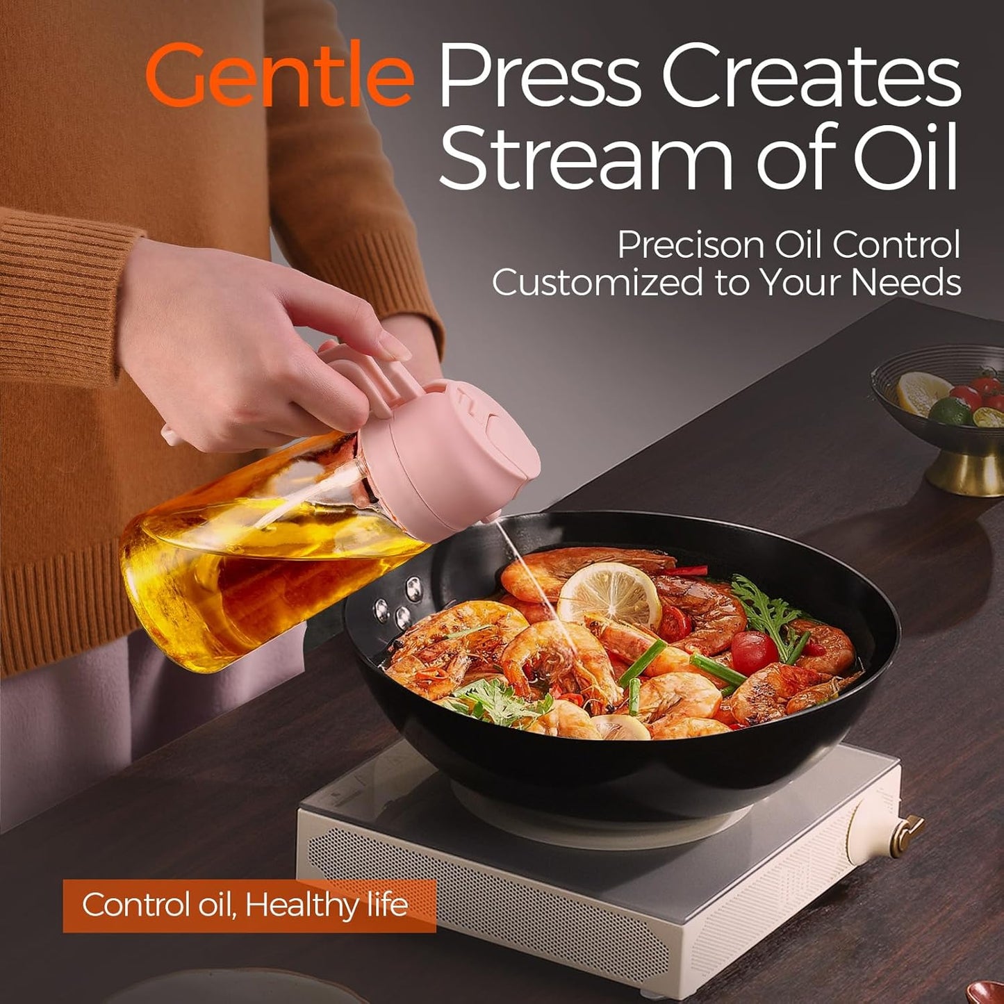 YARRAMATE 16oz/470ml Glass Olive Oil Sprayer for Cooking with Stickers, 2 in 1 Oil Dispenser for Kitchen Gadgets, Food Grade Premium Spray Bottle for Salad, Frying, BBQ (PeachPink)