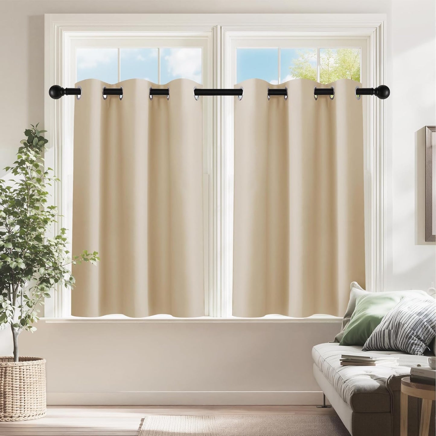 PONY DANCE Blackout Small Window Curtains for Bathroom 36 inch Length, Room Darkening Light Block Short Privacy Solid Drapes for Kitchen Bedroom Basement(2 Panels, W 42 x L 36 inches, Biscotti Beige)