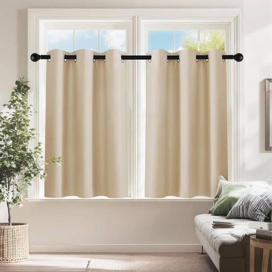 PONY DANCE Blackout Small Window Curtains for Bathroom 36 inch Length, Room Darkening Light Block Short Privacy Solid Drapes for Kitchen Bedroom Basement(2 Panels, W 42 x L 36 inches, Biscotti Beige)