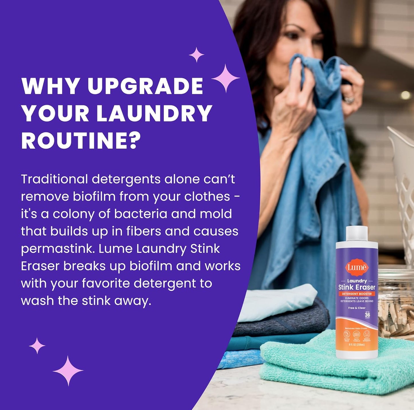 Lume Laundry Stink Eraser - Detergent Booster & Sink Soak - Eliminates Body Odor In Clothes - Odor Blasting Enzyme Blend - Makes Your Detergent Work Better - Free And Clear - 8 fluid ounces (2 Pack)