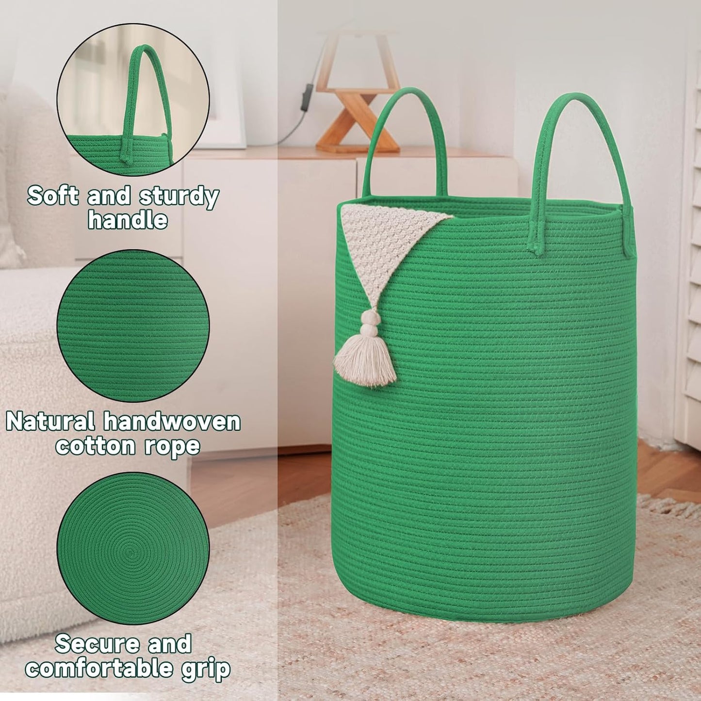 Large Woven Laundry Basket Hamper,60L Cotton Rope Storage Bin for Blankets,Toys and Clothes,Decorative Tall Nursery Hamper for Living Room,Baby Nursery,Bathroom and Bedroom,Dark Green