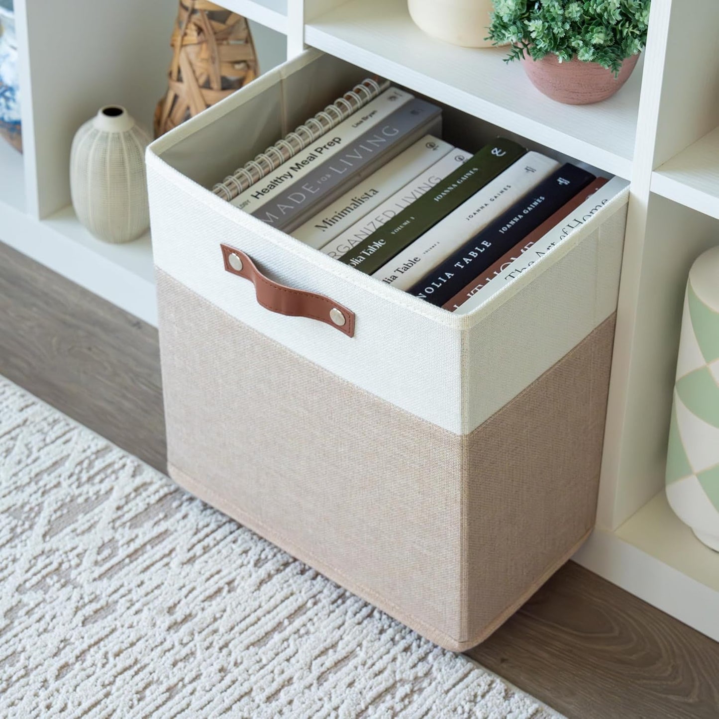 OrganiHaus 13x13 Cube Fabric Storage Bins Set of 4, Fabric Storage Cubes w/ Vegan Handles, 13 inch Collapsible Bins for Clothes & Toy Organizer, Cubbies Organizer, 13x13 Basket for Decor - Beige/White