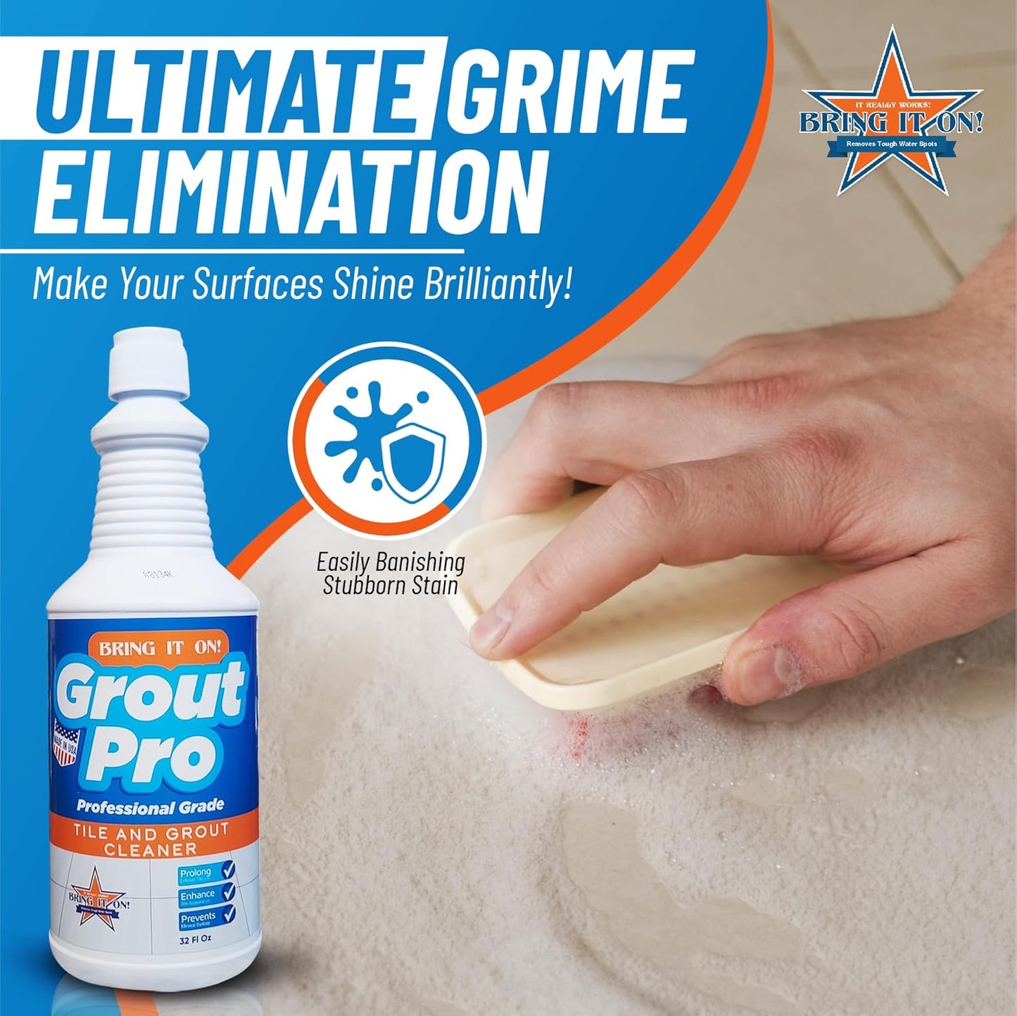 Bring It On Grout Cleaner Pro with Grout Cleaning Brush – 32Fl Oz Grout Cleaner for Shower Tile Includes 8-inch Heavy-Duty Grout and Tile Cleaner Brush – Effectively Removes Mineral Deposits