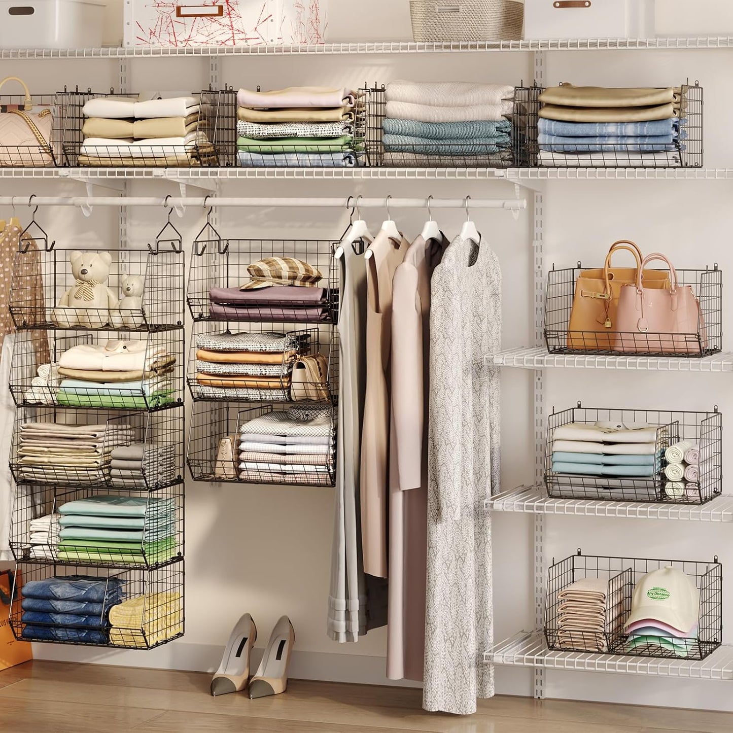 5 Tier Extra Large Closet Hanging Organizer with 5 Dividers,16.5"L x 11.8"W x 51.4"H Closet Organizers and Storage with 5 S Hooks,Clothes Organizer for Sweaters Clutches Handbags Hats Accessories