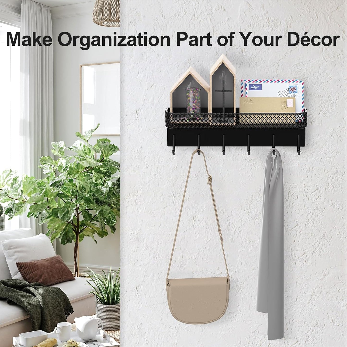 Key Holder for Wall – Decorative Stainless Steel Key Hanger with 6 Hooks for Hats, Bags, Leashes – Mail Holder Key Rack with Mounting Hardware and Guide (9.65” x 2.8” x 2.2”) (Black)