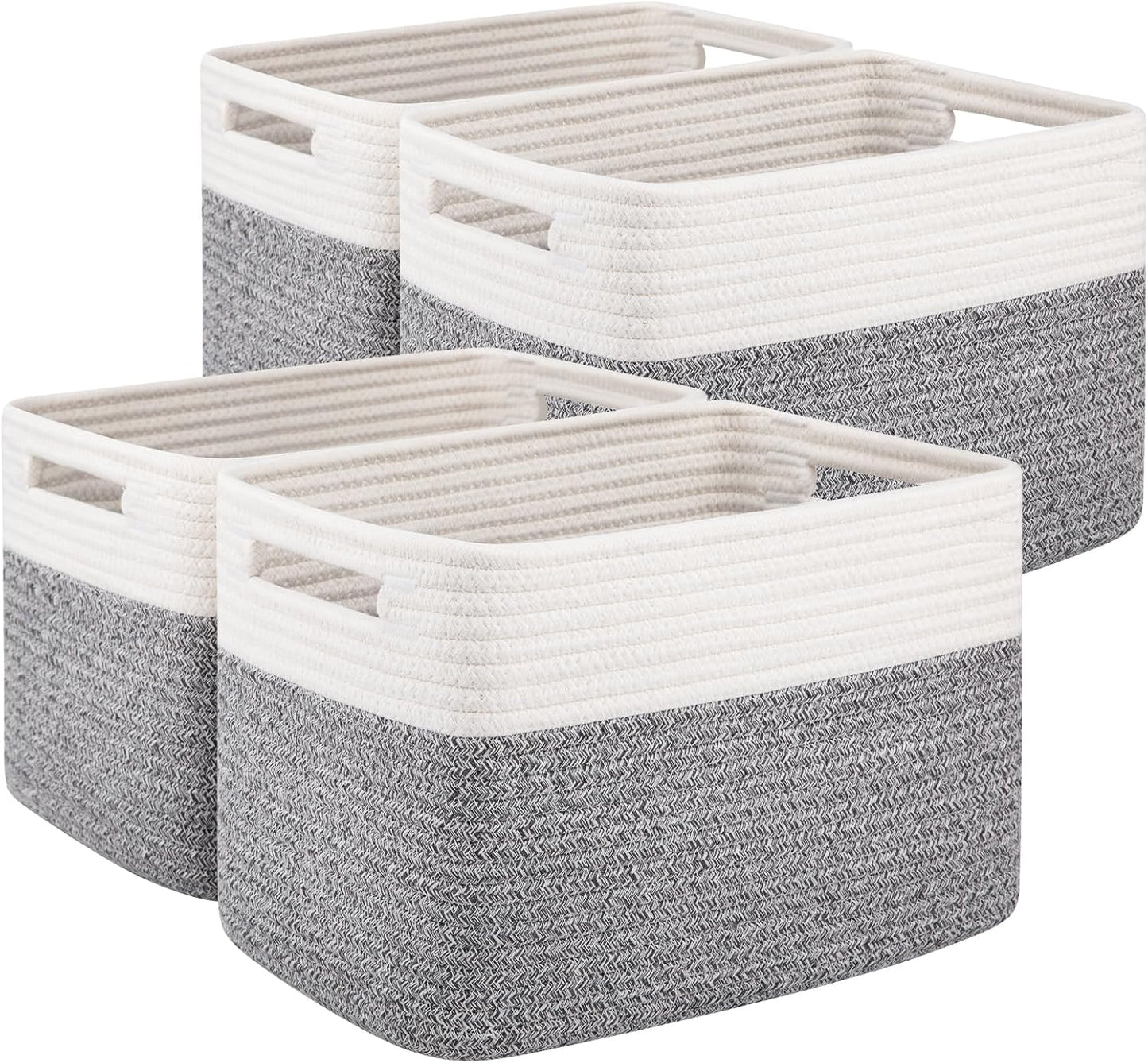 OIAHOMY 4 Pack Storage Baskets for Organizing, Basket for Shelves with Handle, Woven Baskets for Storage Toys, Towels, Books, Cotton Rope Basket 13" L x 9 " W x 7.8 " H, Grey & White