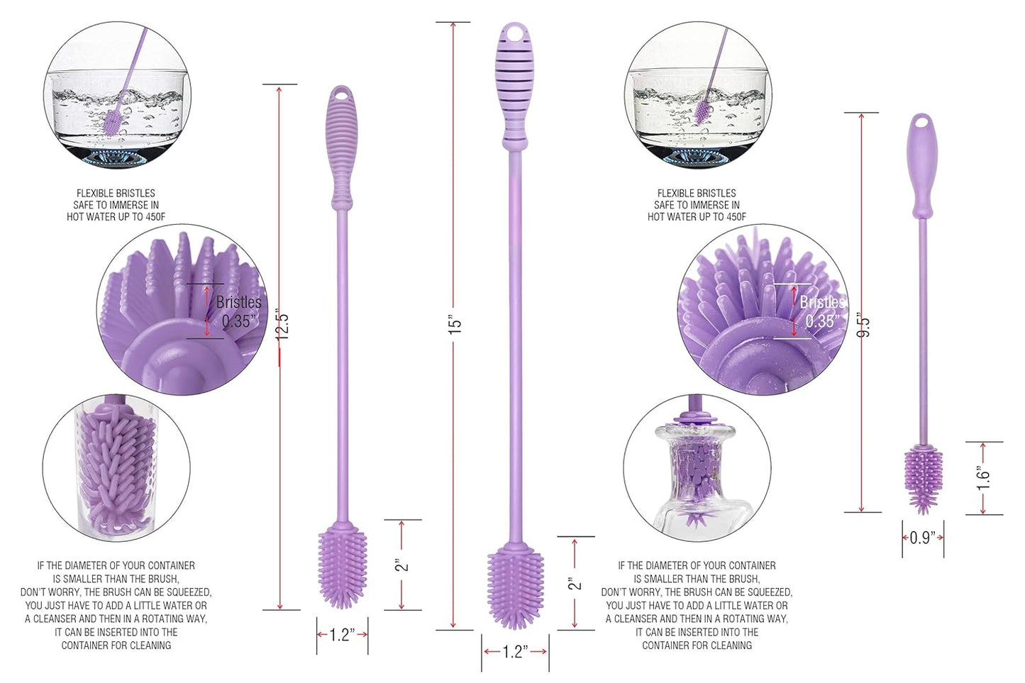 A-Brush Silicone Bottle Cleaner Brush, 3 Piece Set, Long Handle - Water Bottle Cleaner, Baby Bottle Nipple Brush for Plastic & Glass, BPA-Free Dish Washing Brush A2S Protection