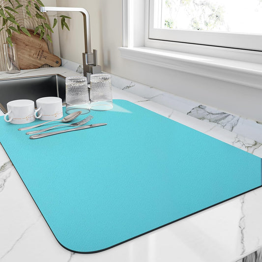 Dish Drying Mat for Kitchen Counter, Heat Resistant Drainer Mats with Non-slip Rubber Backed, Hide Stain Kitchen Super Absorbent Draining Mat, Easy to Clean Dish Rack Pad, Teal 18"x24"