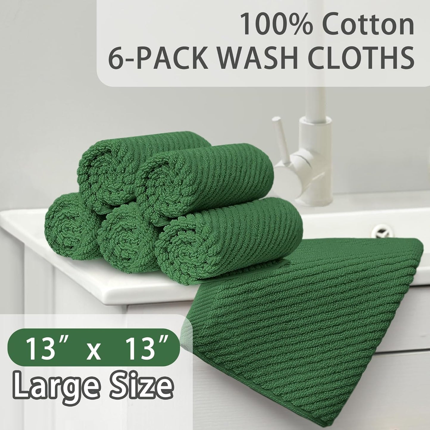 VOOVA & MOVAS Green Washcloths, 6PC Hand Towels 13" x13" - 100% Cotton | Thick | Quick Dry | Lightweight, Wash Cloths for Your Face, Bathroom Essentials, Hunter Green