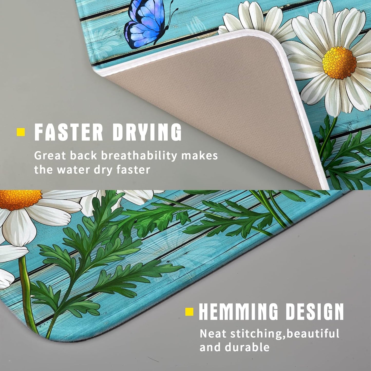 Spring Daisy Floral Dish Drying Mat for Kitchen Counter 16x18in Turquoise Daisy Old Wooden Board Kitchen Mat Absorbent Reversible Microfiber Dishes Pad Fast Drying Dish Drainer Mats for Countertop