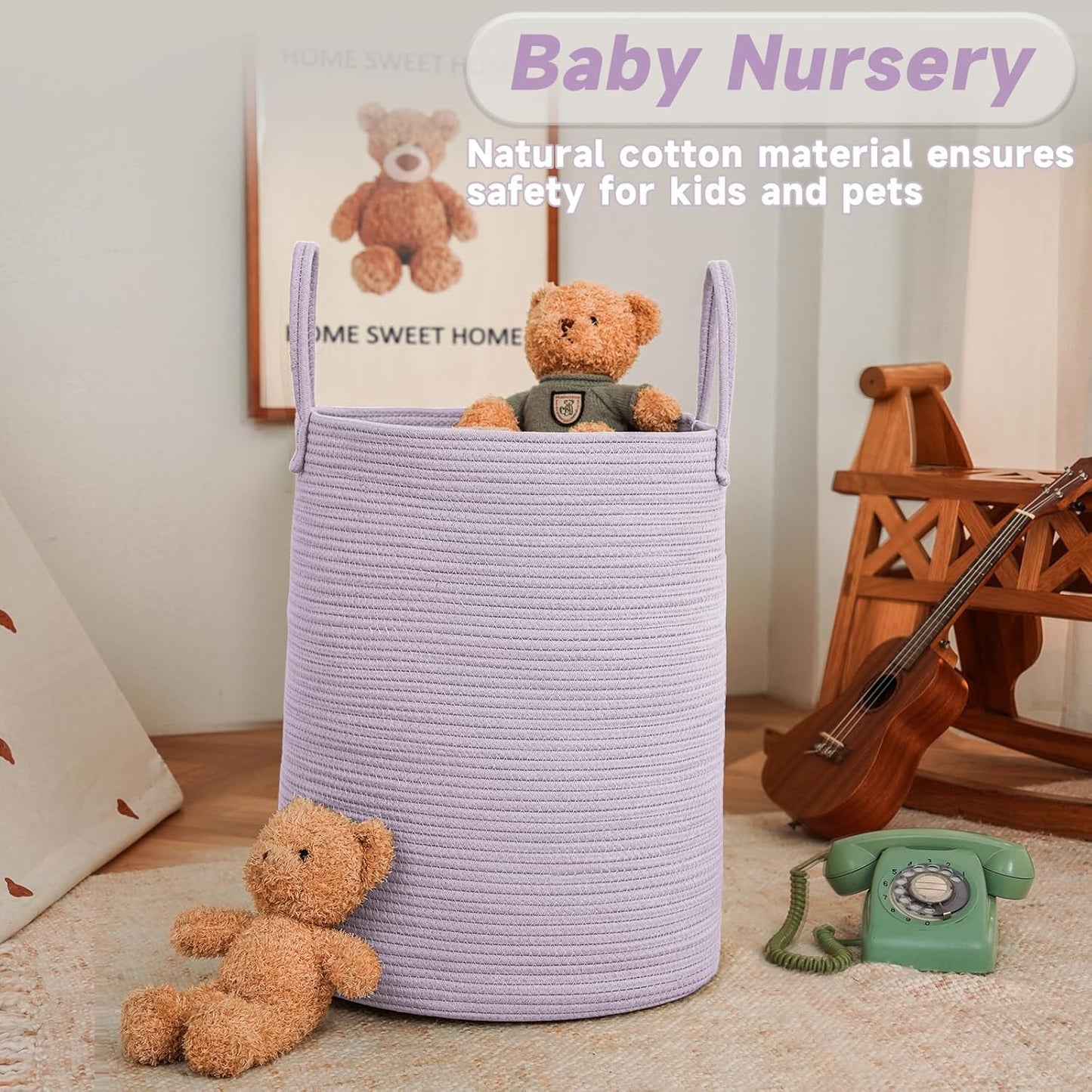Large Woven Laundry Basket Hamper,100L Cotton Rope Storage Bin for Blankets,Toys and Clothes,Decorative Tall Nursery Hamper for Living Room,Baby Nursery,Bathroom and Bedroom,Purple