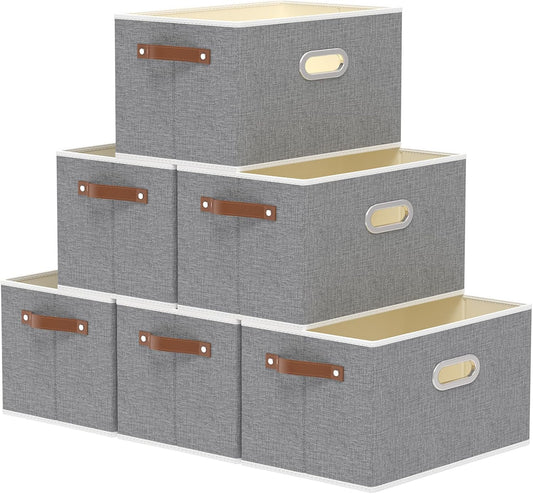 Yawinhe Fabric Storage Bins with Handles, Foldable Baskets for Shelves, Cubes with 3 Handles, Large Boxes for Clothes, Grey, 16.9''Lx11.8''Wx10.2''H, 6-Pack
