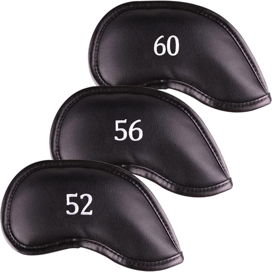 Premium Magnetic Leather Iron and Wedge Golf Club Head Covers | Set of 10 | Fits Most Clubs | Embroidered Club Label on Both Sides of Club Head Cover