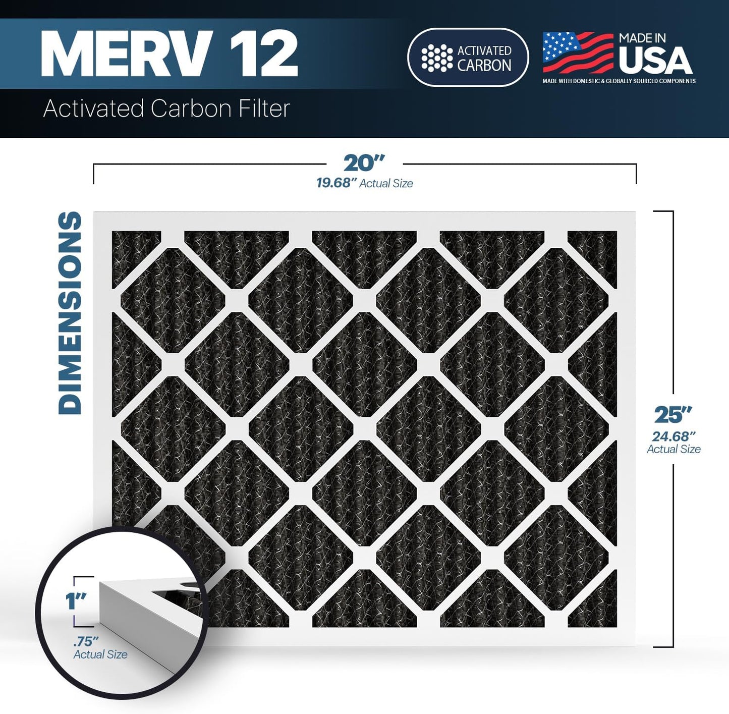 BNX TruFilter 20x25x1 MERV 12 Odor Defense (4-Pack) AC Furnace Air Filter with Activated Carbon - MADE IN USA - Pleated Air Conditioner HVAC AC Furnace Filters - Removes Odor, Mold, Bacteria, Smoke