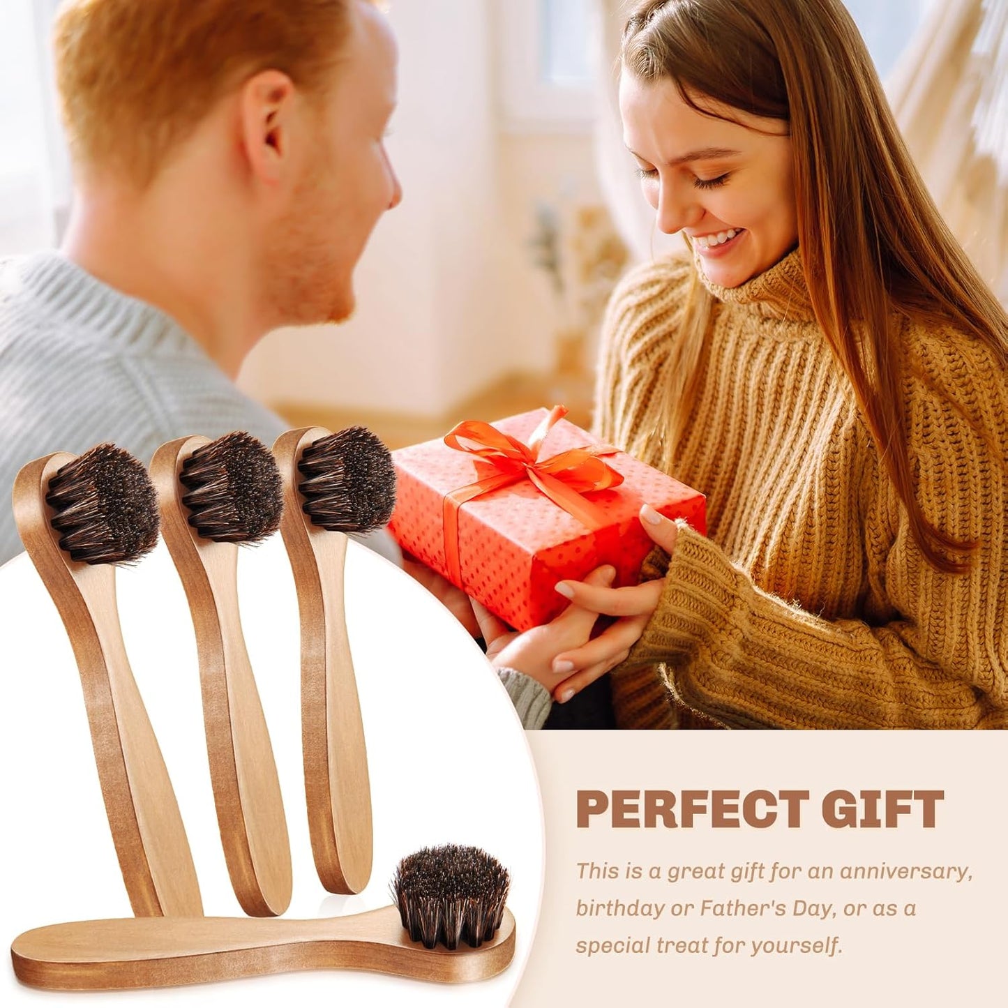 4 Pcs Horsehair Shine Shoes Brush Kit Polish Dauber Applicators Cleaning Leather Shoes Boots Care Brushes Suede Cleaner Brush with Microfiber Shoe Cloth(Wooden Handle A)