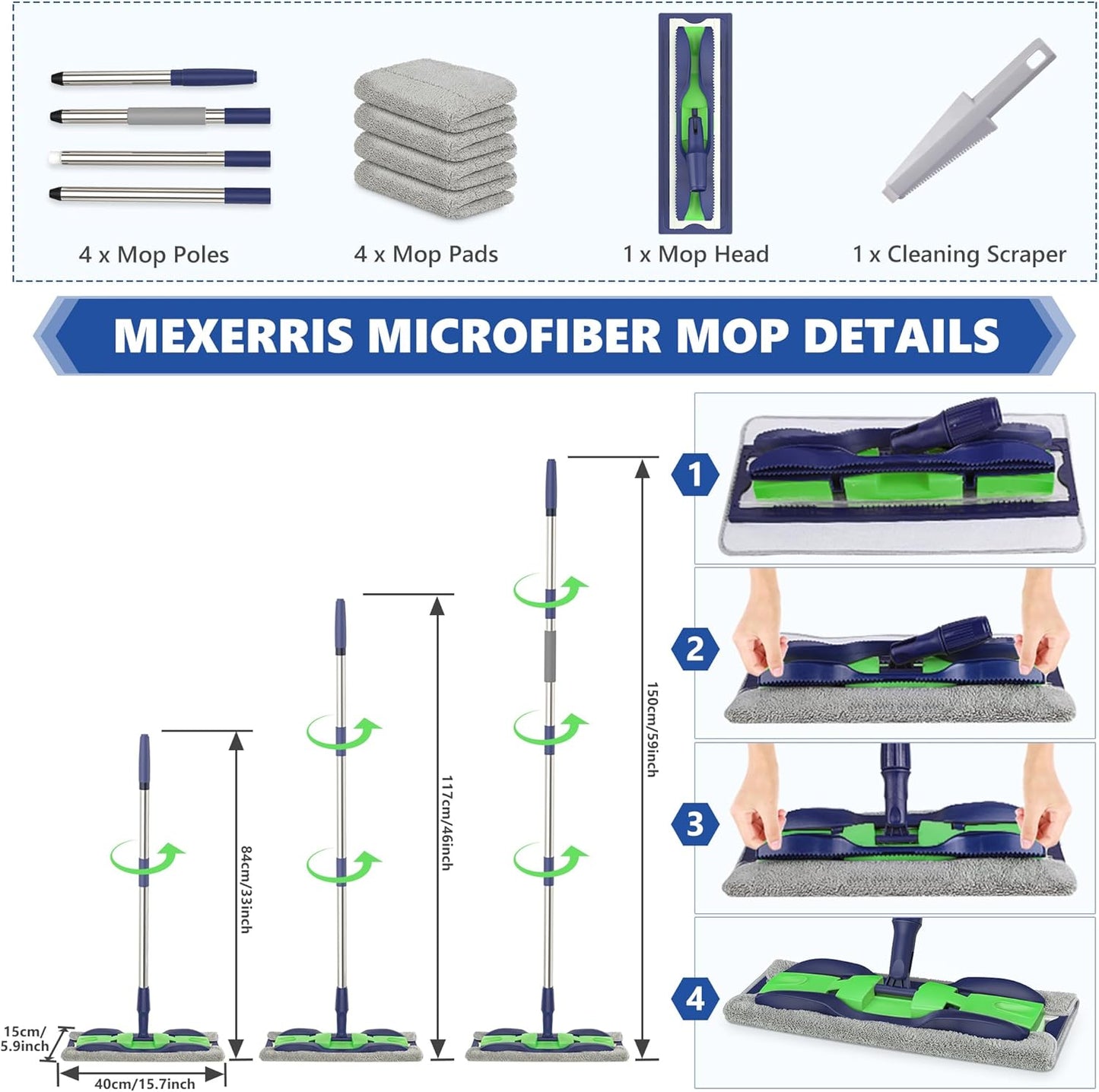 MEXERRIS Microfiber Mops for Hardwood Laminate Tile Floor Cleaning: Stainless Steel Handle - 4 Reusable Flat Mop Refills and 1 Dirt Removal Scrubber Included - Dry Dust Mop Commercial Home Use