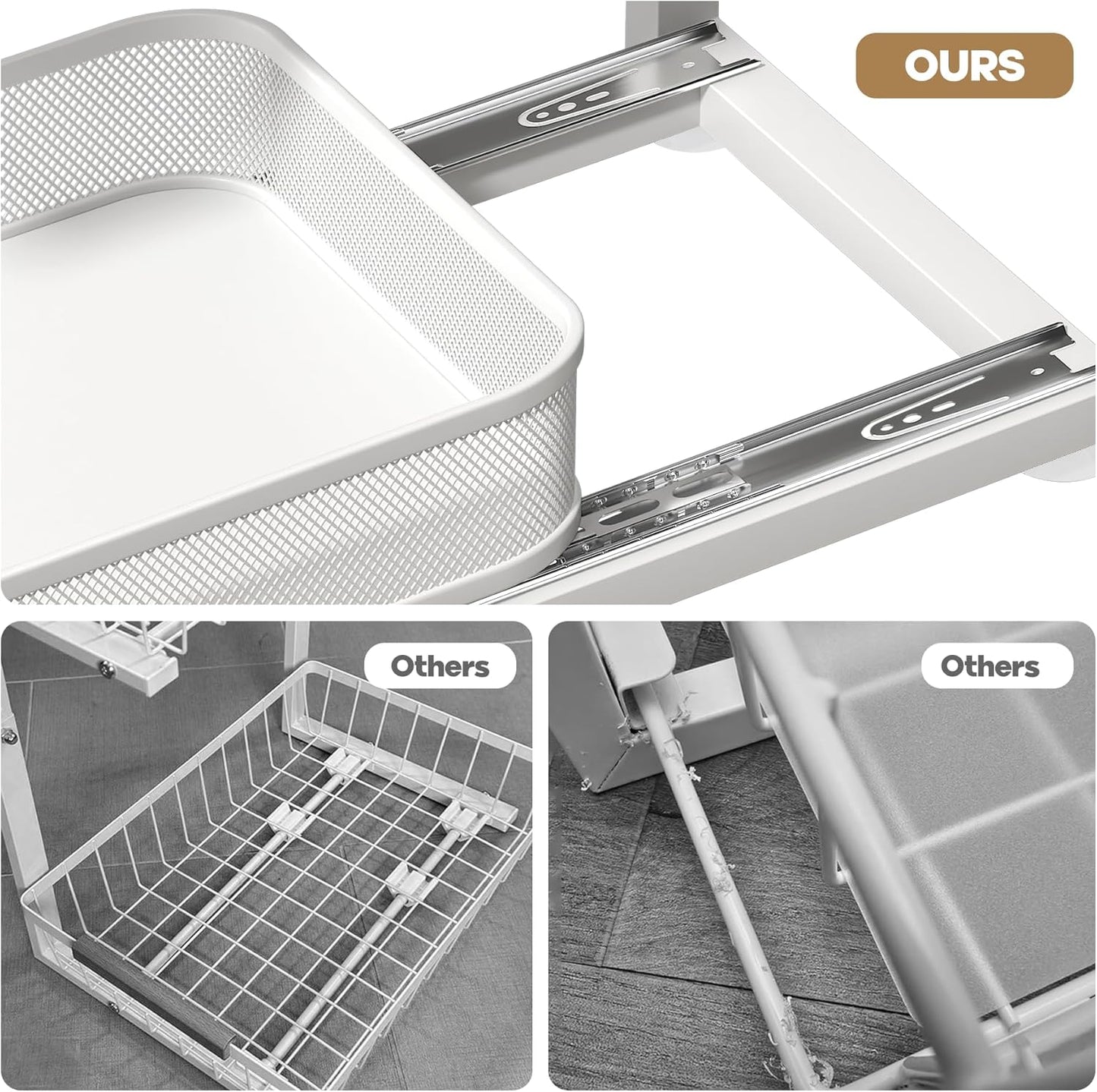 2-Pack 21.3 IN Depth Under Sink Organizer With Next-Gen Ball-Bearing Slides,Sophisticated Mesh 2-Tier Pull Out Shelf for Kitchen & Bathroom,Fits Small Items-White(Patented)